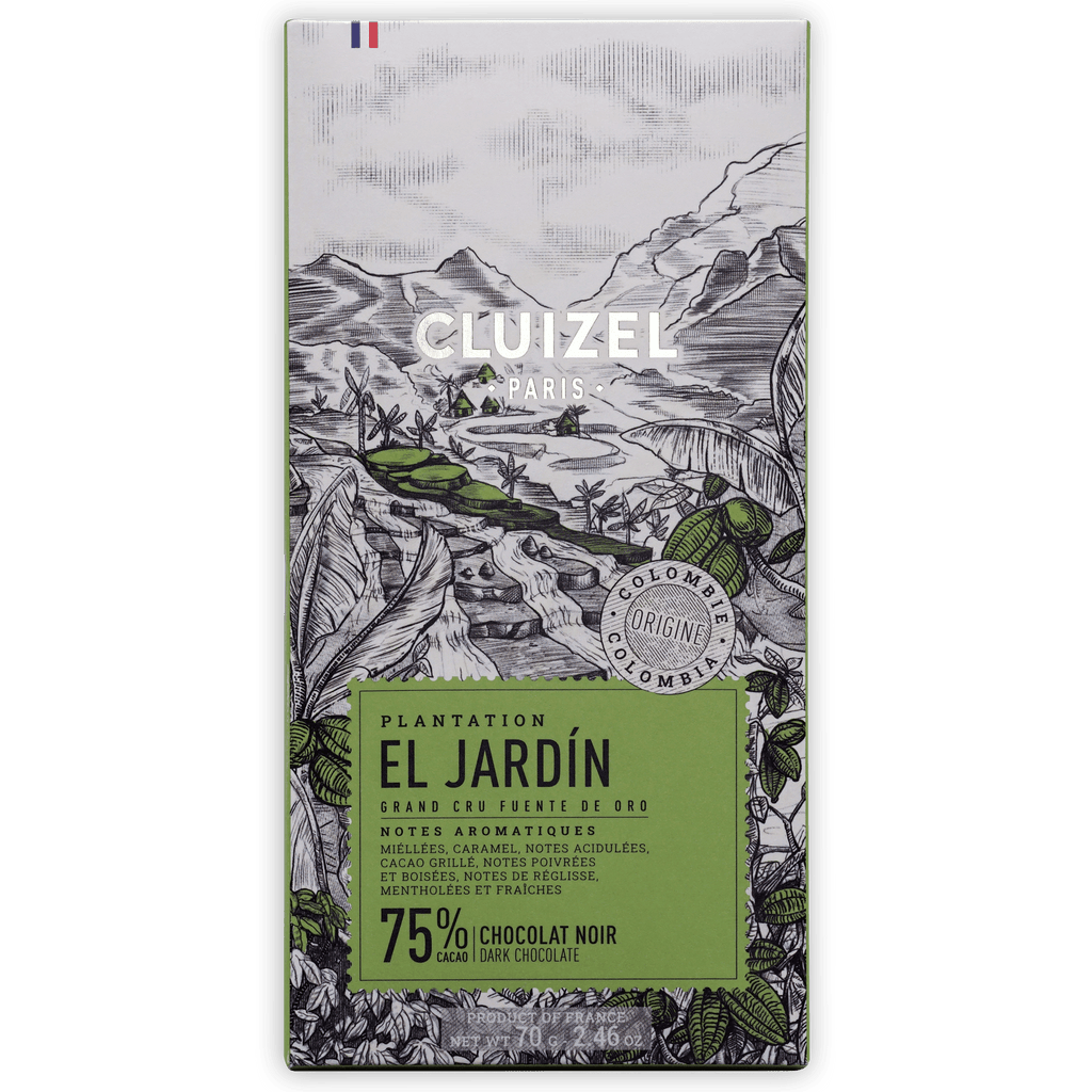 Michel Cluizel Plantation El Jardin Noir 75% dark chocolate bar wrapper