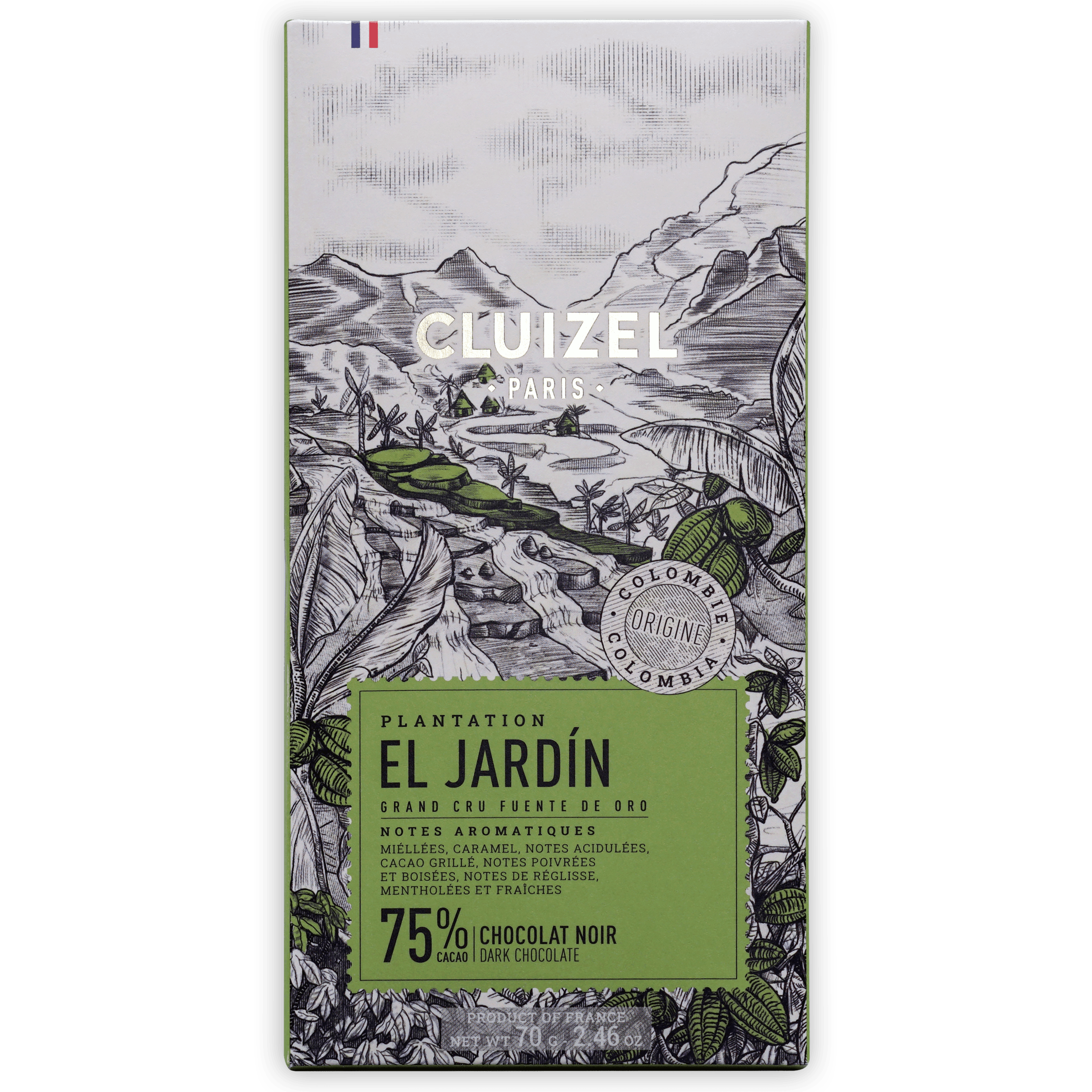 Michel Cluizel Plantation El Jardin Noir 75% dark chocolate bar wrapper