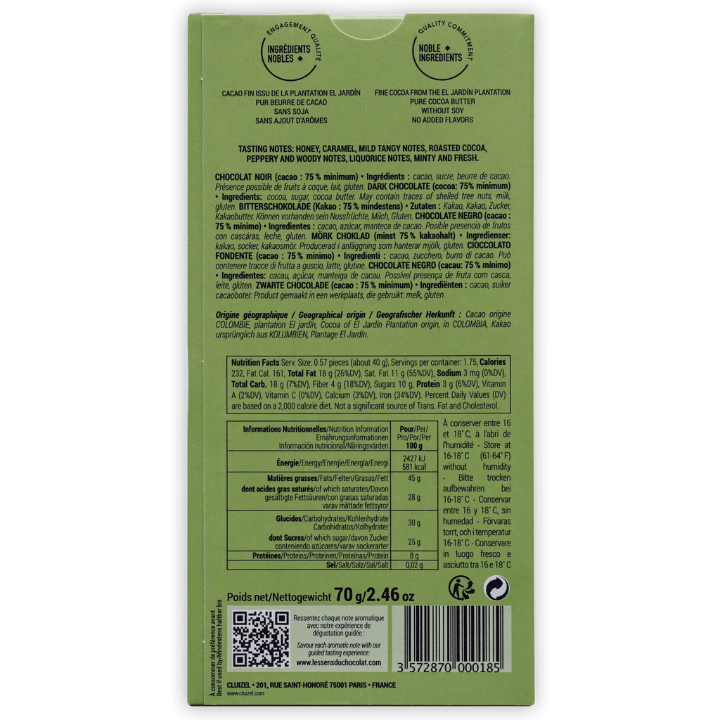 Back of Michel Cluizel Plantation El Jardin Noir 75% light green wrapper