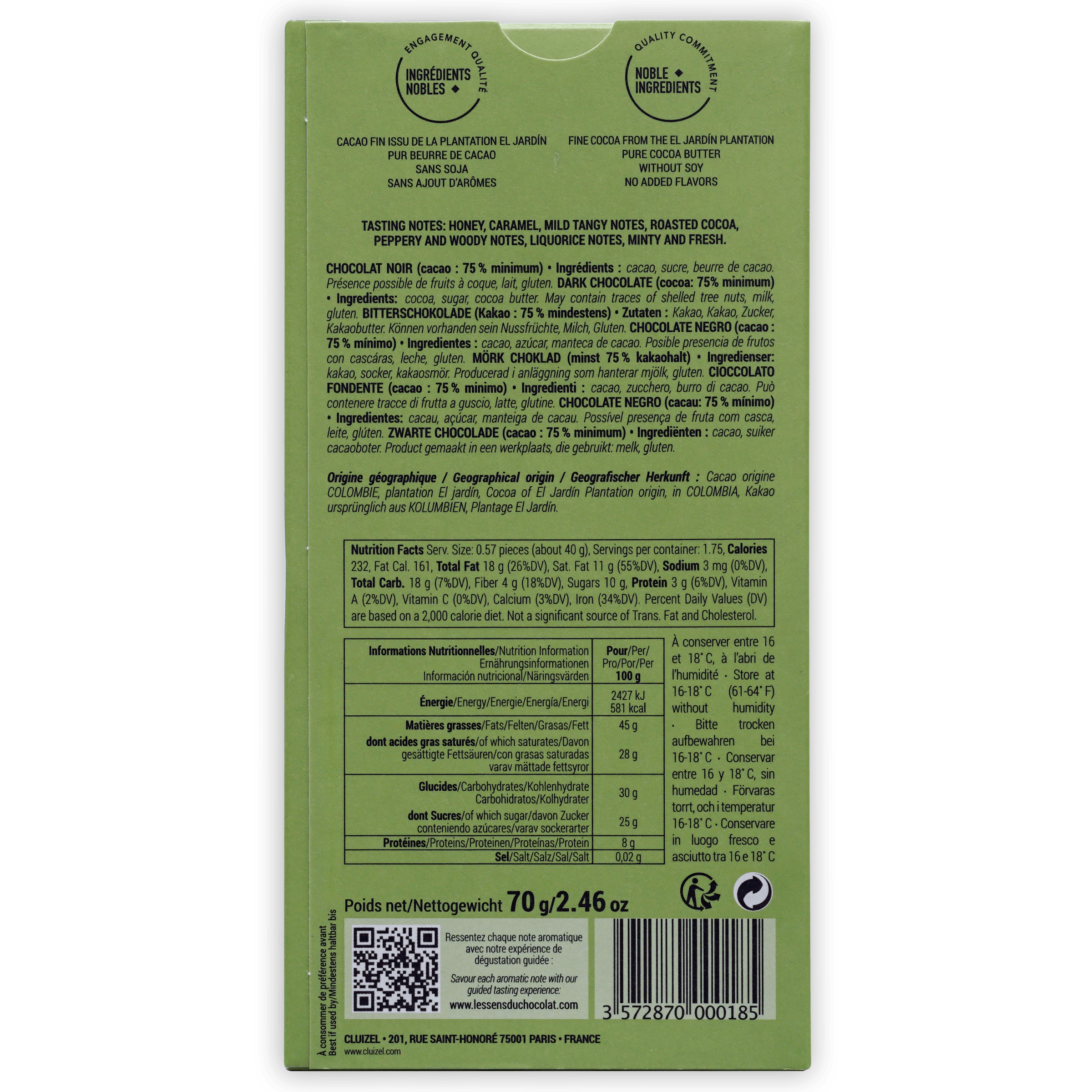 Back of Michel Cluizel Plantation El Jardin Noir 75% light green wrapper