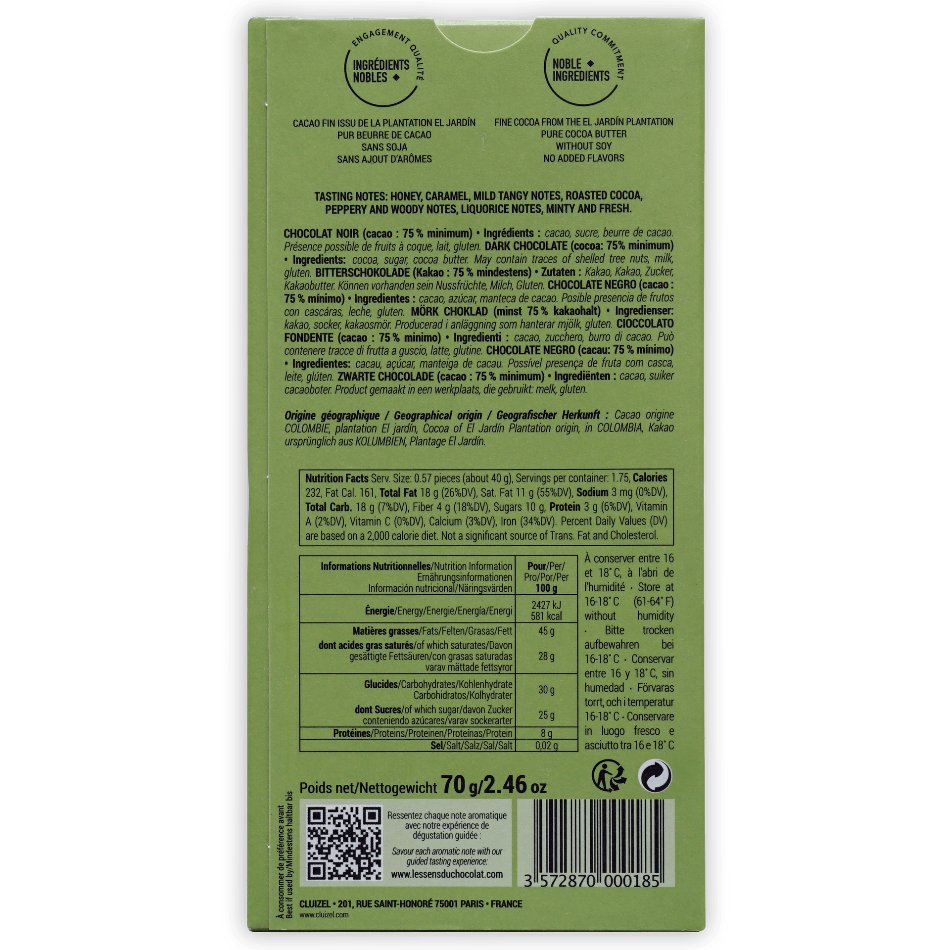 Back of Michel Cluizel Plantation El Jardin Noir 75% light green wrapper