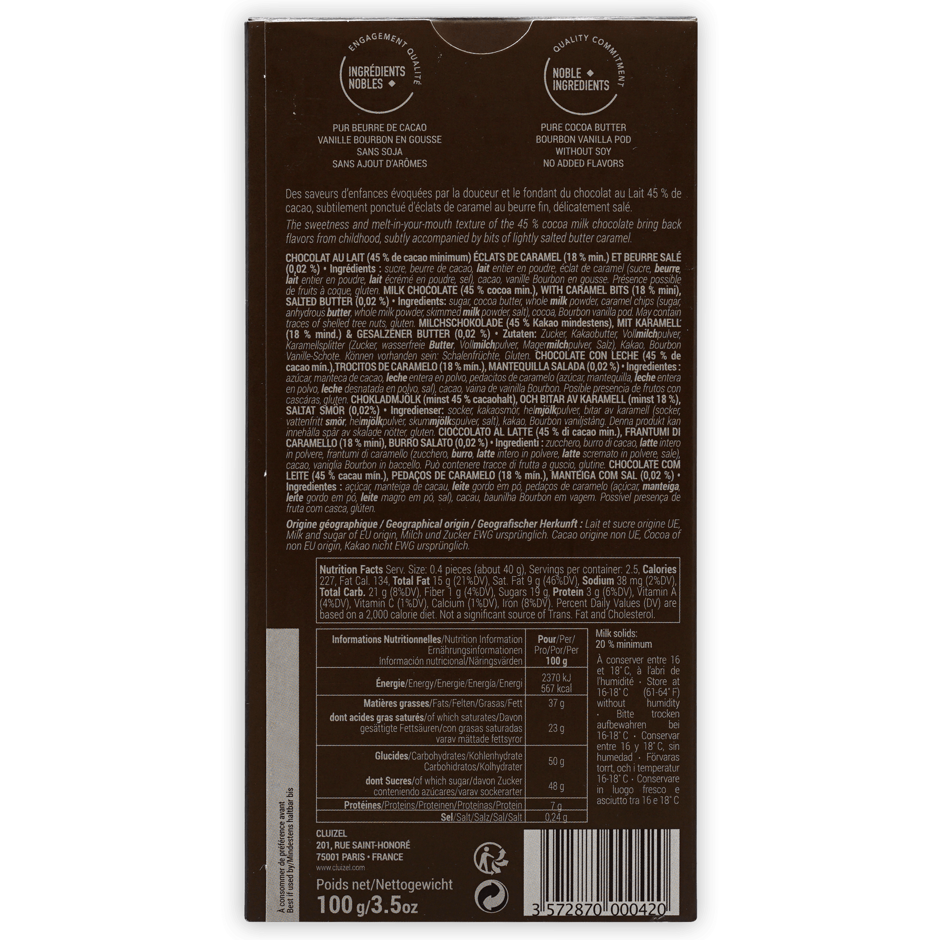 Back of Michel Cluizel Salted Butter Caramel 45% chocolate bar wrapper
