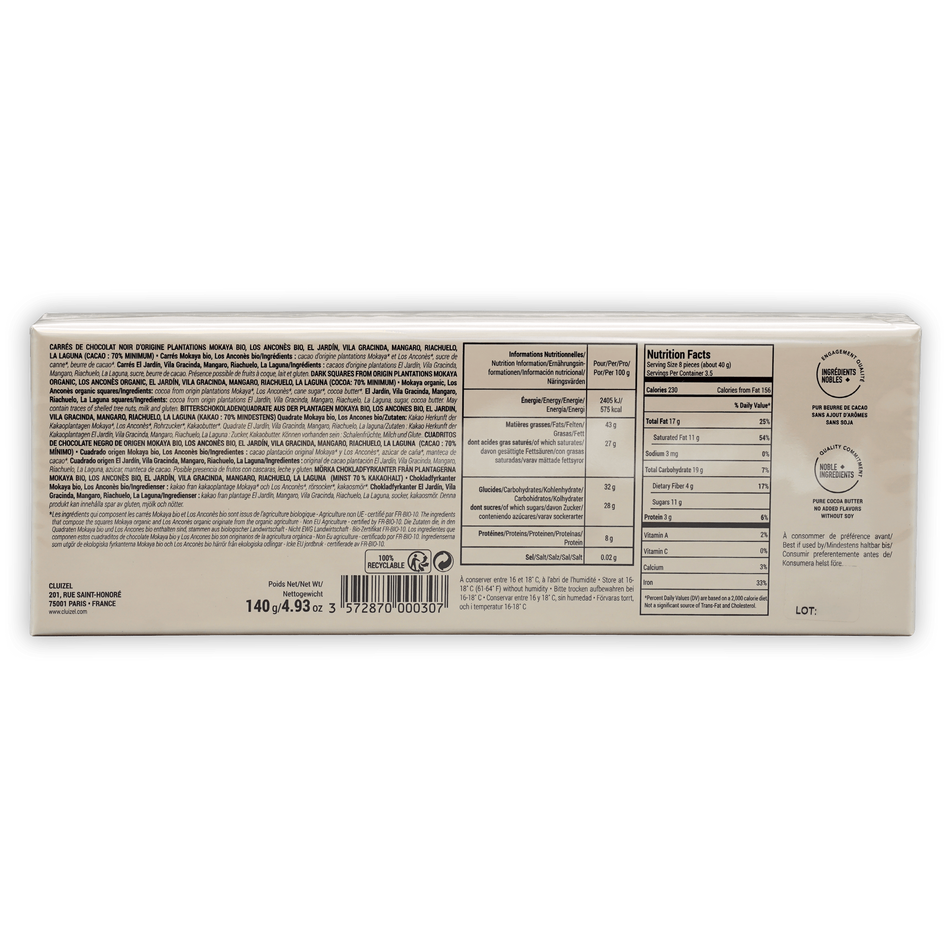 Back of Michel Cluizel Single Estate Tasting Box with nutritional info
