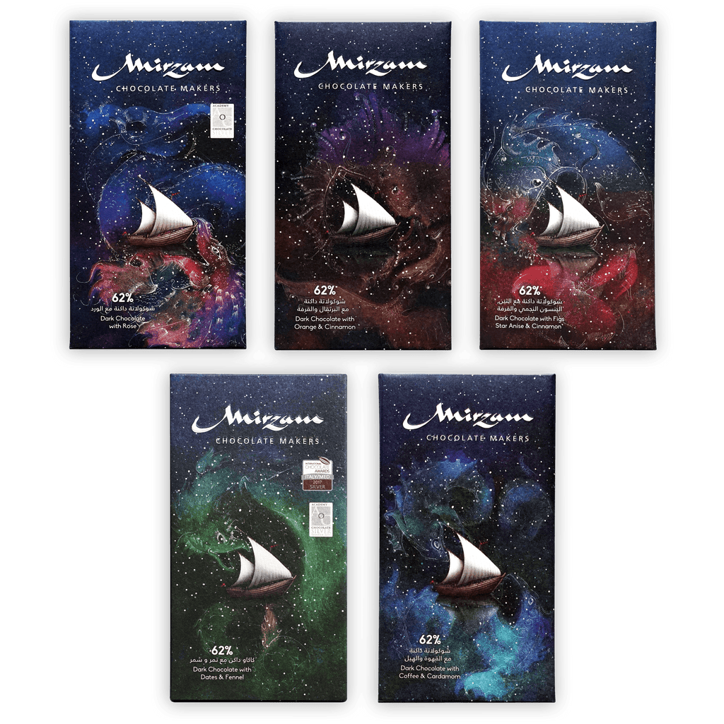 Mirzam Spiced Chocolate Bars Maps Bundle: 5 62% dark cosmic bars