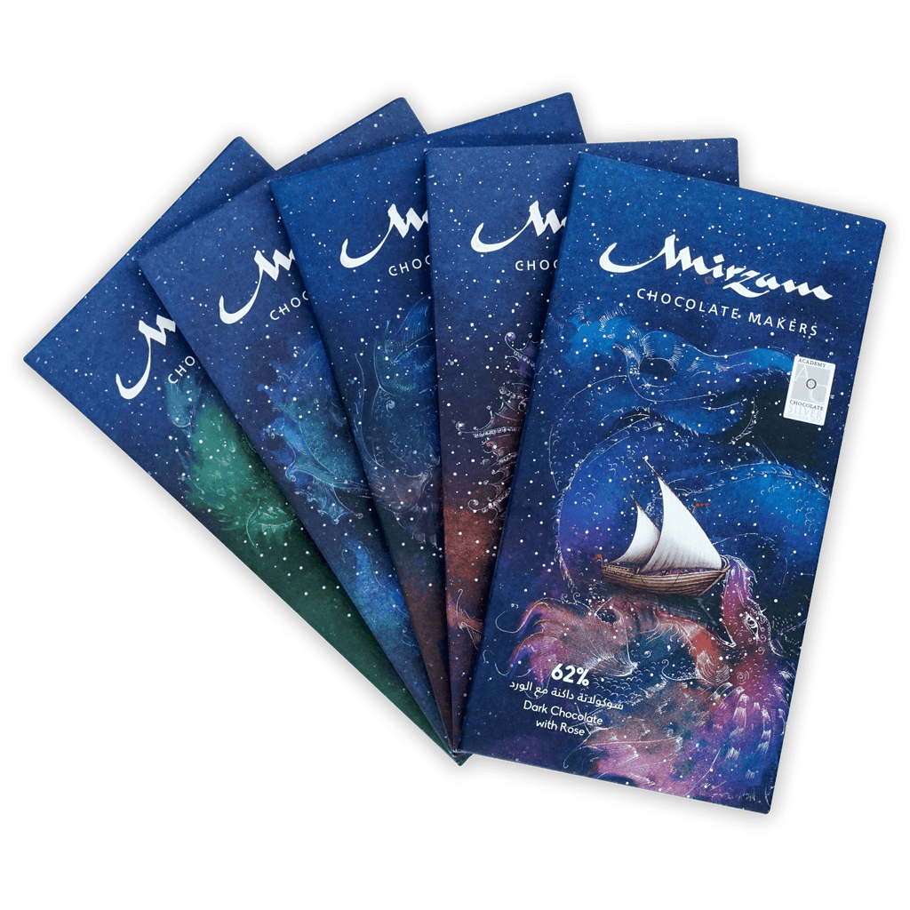 Mirzam Spiced Chocolate Bars Maps Bundle: 62% dark chocolate with rose, cosmic sailboat design