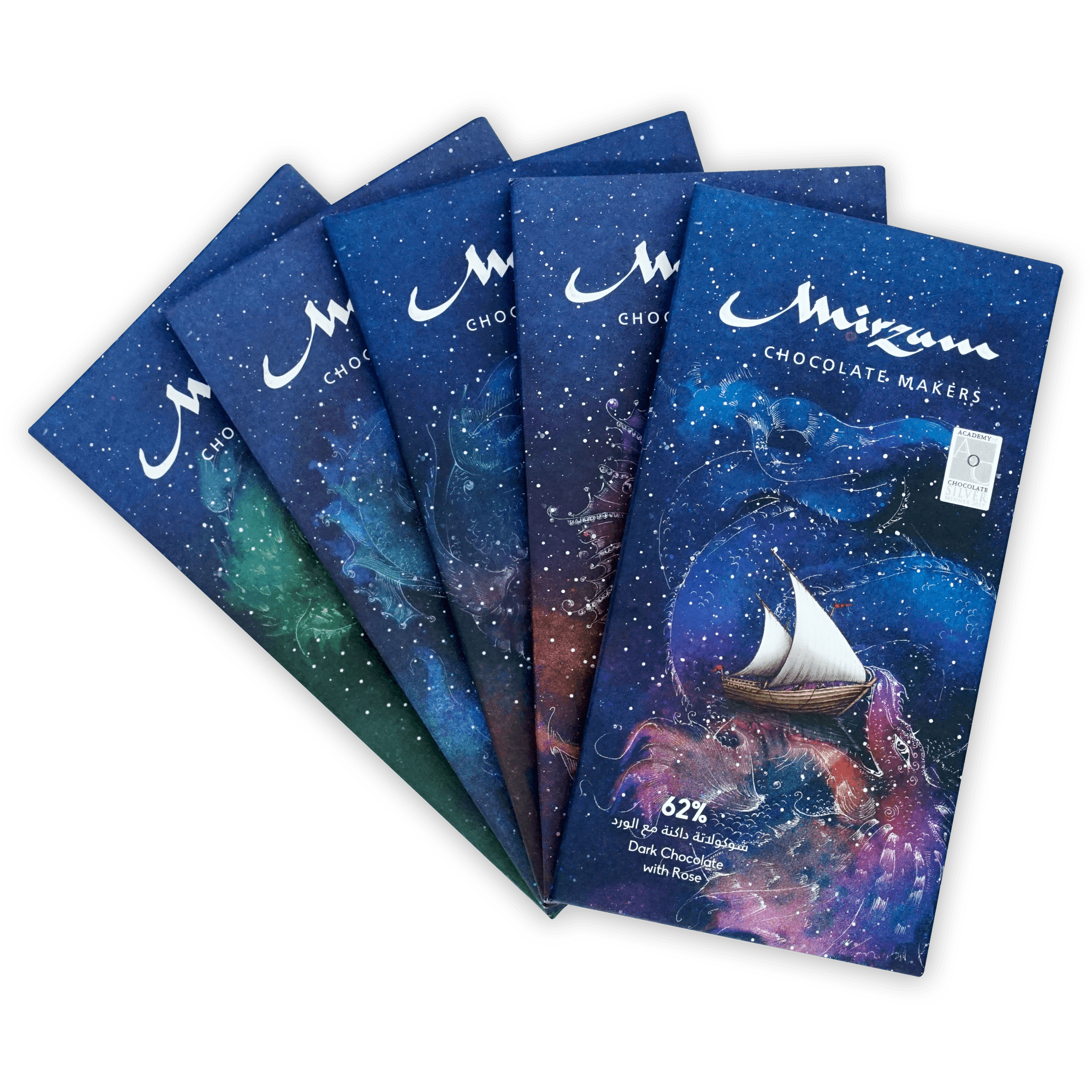 Mirzam Spiced Chocolate Bars Maps Bundle: 62% dark chocolate with rose, cosmic sailboat design