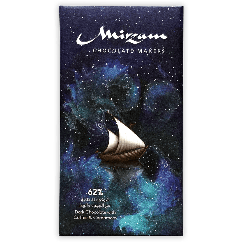 Mirzam 62% dark chocolate bar with coffee and cardamom in cosmic blue foil