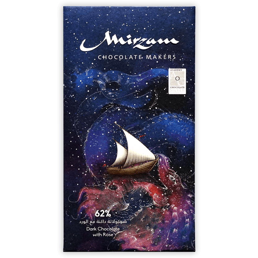 Mirzam 62% dark chocolate bar with rose in cosmic blue foil