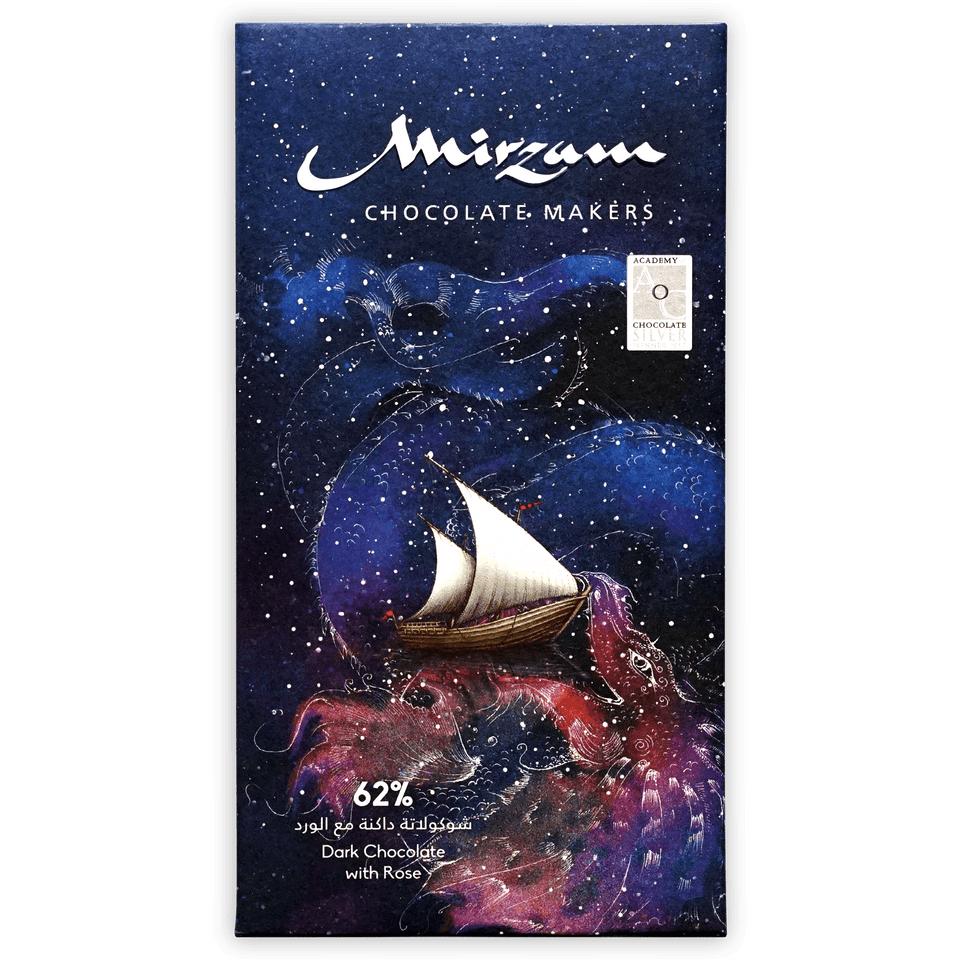 Mirzam 62% dark chocolate bar with rose in cosmic blue foil