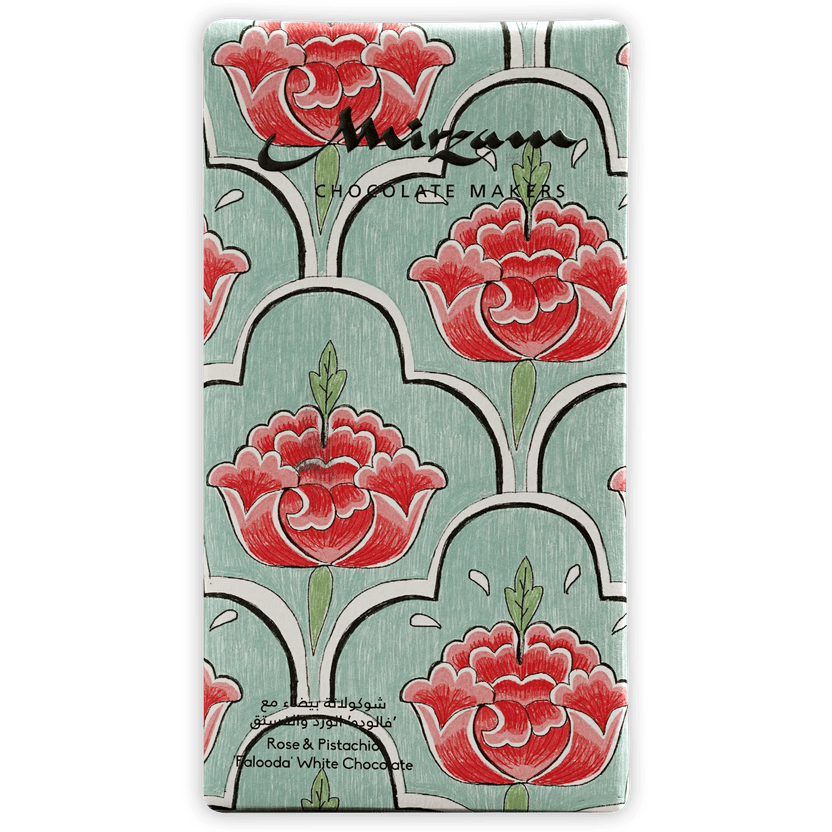 Mirzam Falooda white chocolate with rose and pistachio, teal floral package