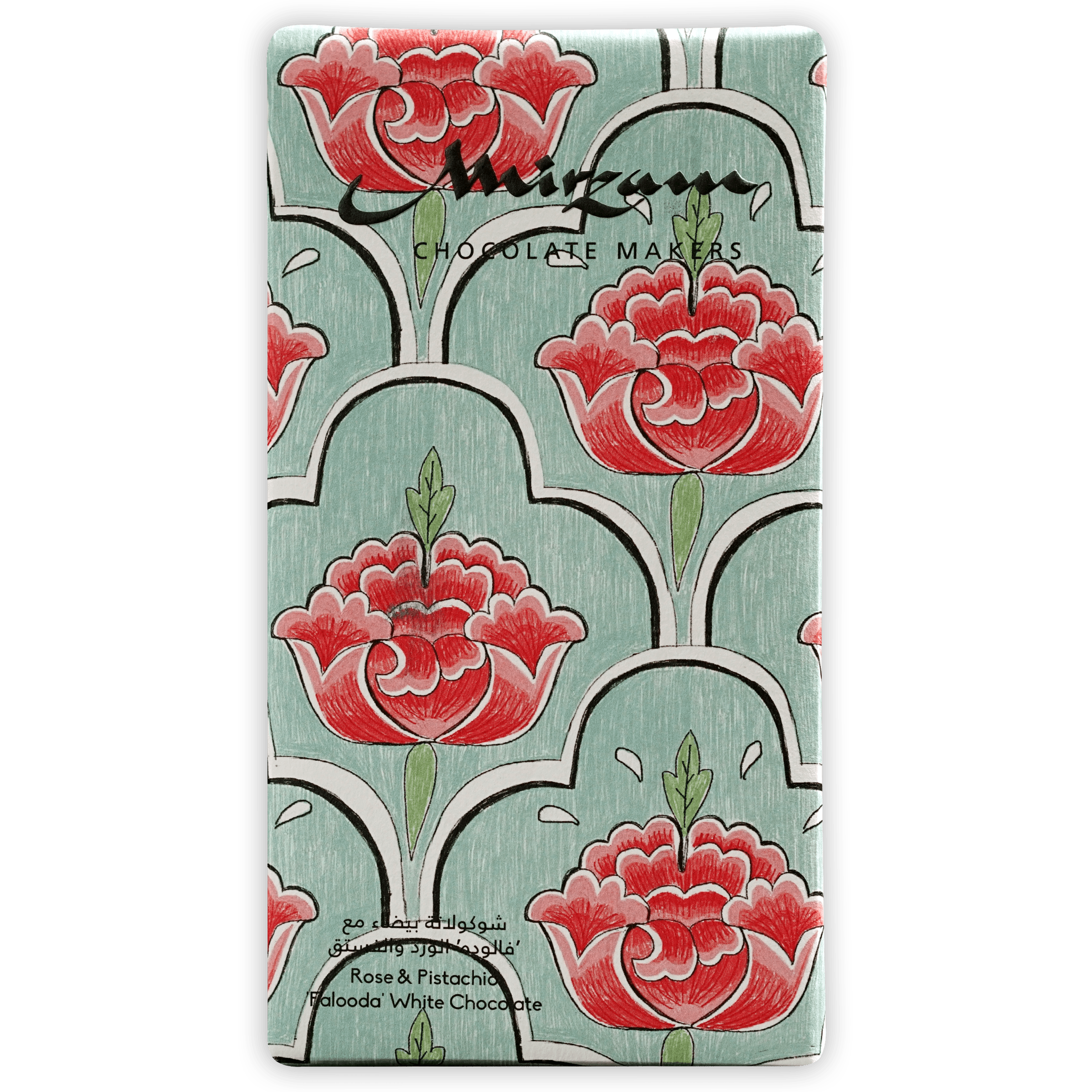 Mirzam Falooda white chocolate with rose and pistachio, teal floral package