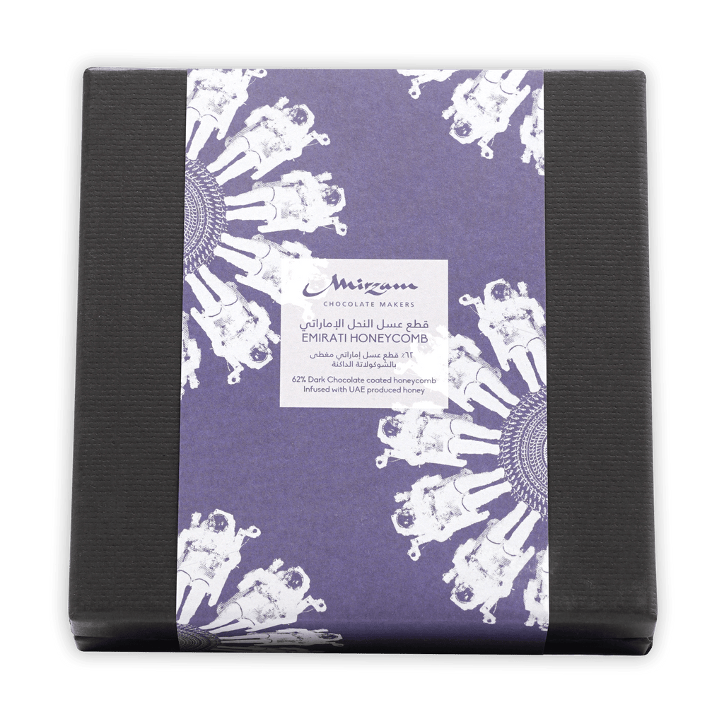Mirzam 62% dark chocolate honeycomb in purple white Emirati astronaut box