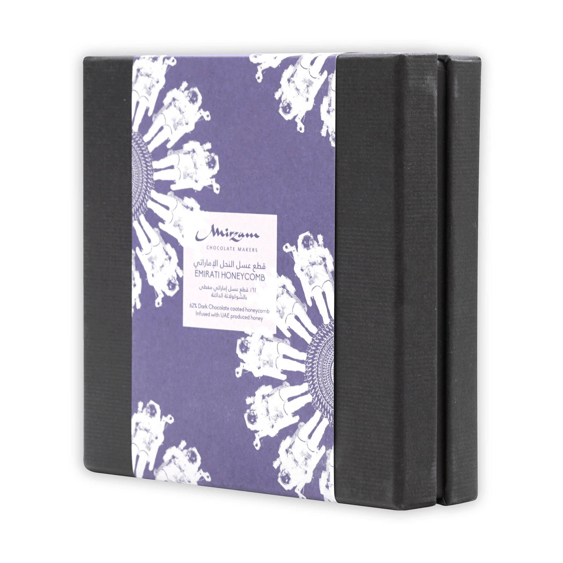 Mirzam Honeycomb in Dark Chocolate 62%: purple black box with white astronaut art
