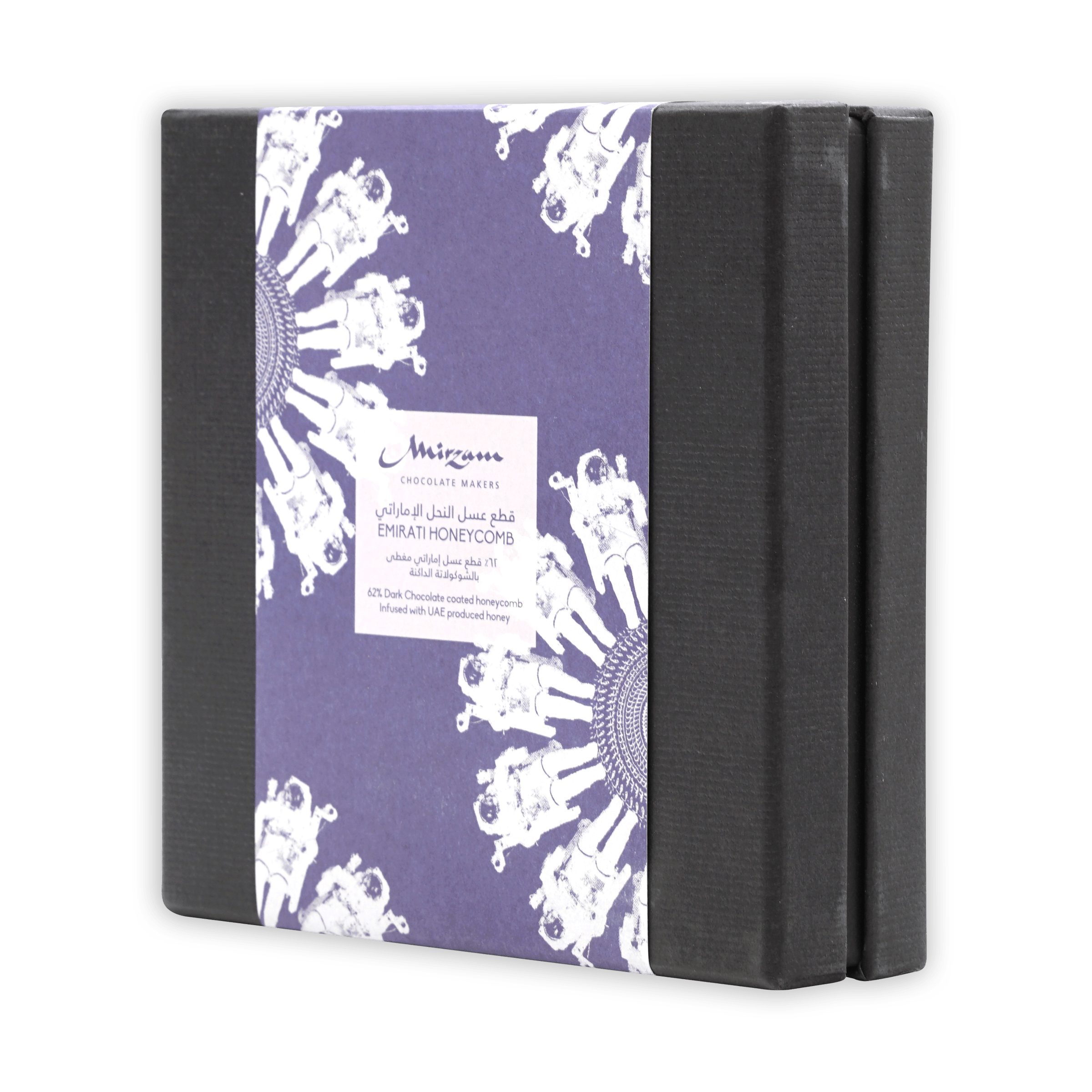 Mirzam Honeycomb in Dark Chocolate 62%: purple black box with white astronaut art