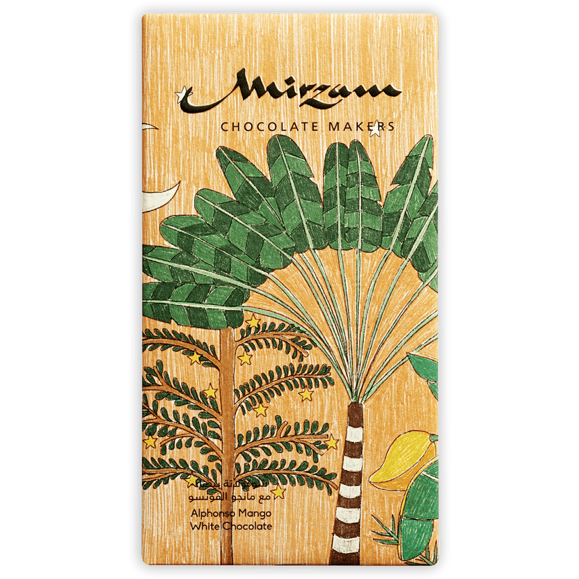 Mirzam White Chocolate with Alphonso Mango bar in wooden wrapper
