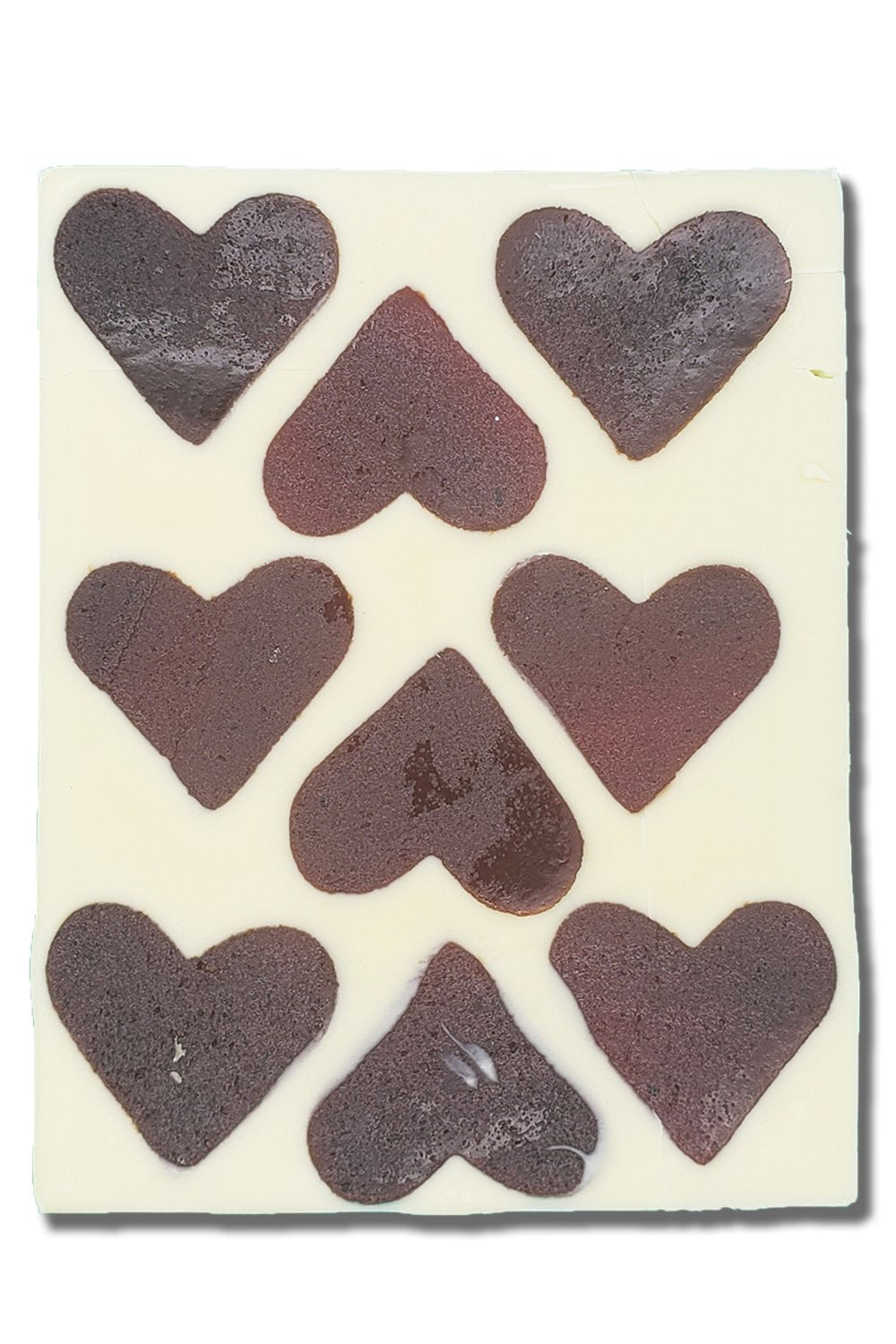 Mission Chocolate Romeo & Juliet white bar with 9 dark heart pieces