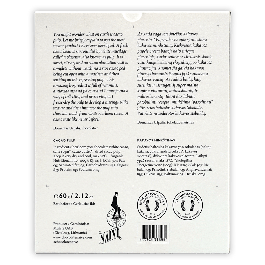 Naive Cacao Pulp 70% white box with black minimalist text in English and Lithuanian
