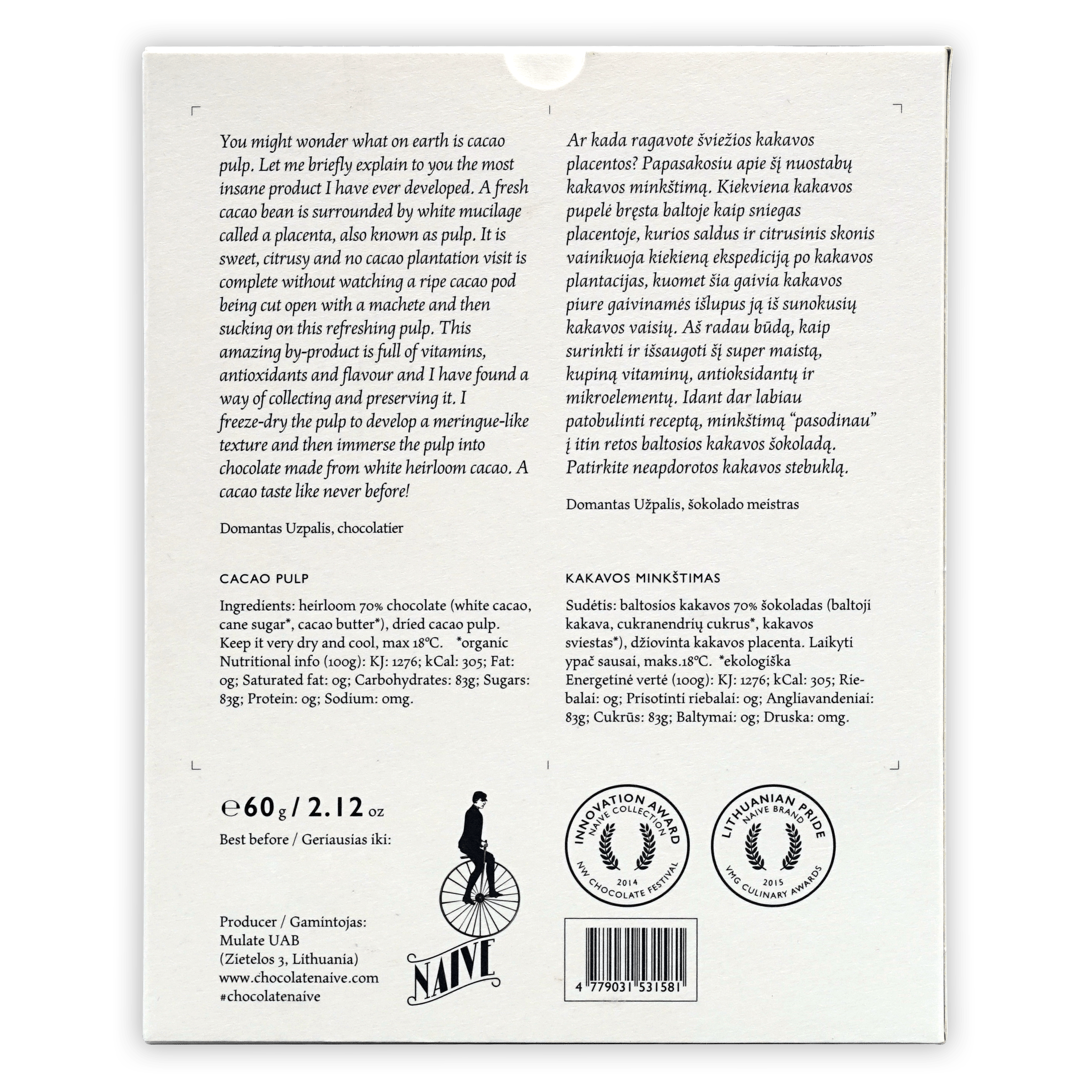 Naive Cacao Pulp 70% white box with black minimalist text in English and Lithuanian