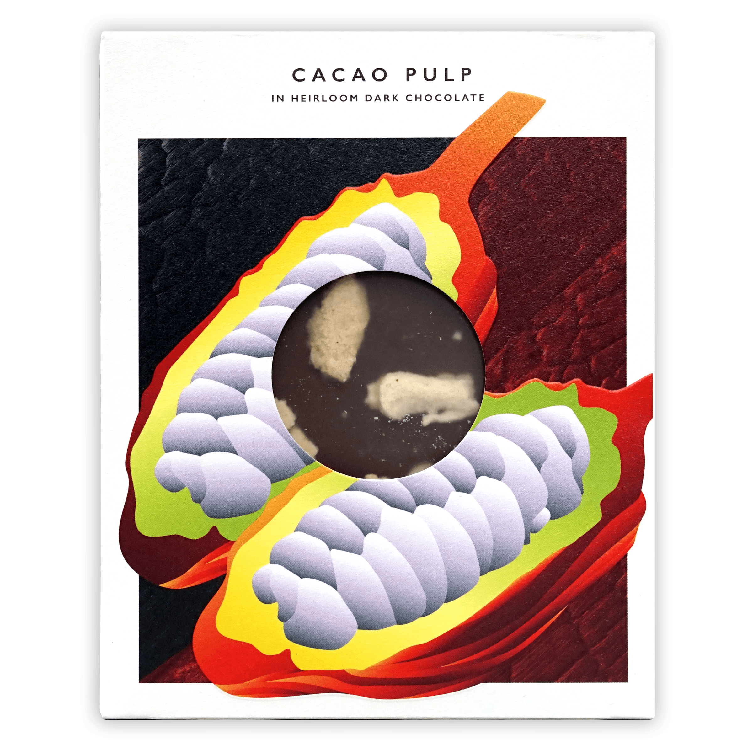 Naive Cacao Pulp 70% box with open cacao pod and beans illustration