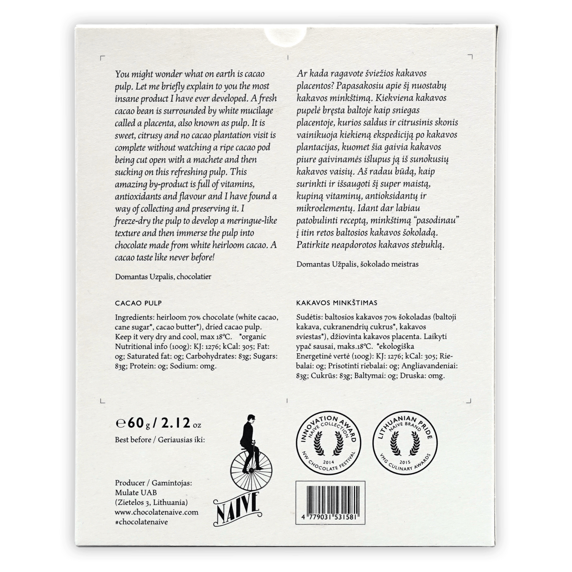 Naive Cacao Pulp 70% white box with black minimalist text in English and Lithuanian