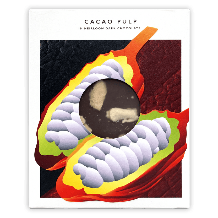 Naive Cacao Pulp 70% box with open cacao pod and beans illustration
