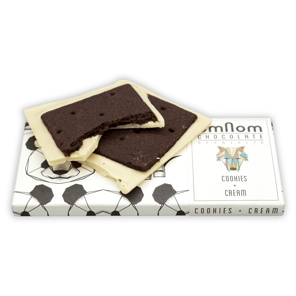 Omnom Cookies + Cream white chocolate bar with dark cookie pieces and fox logo