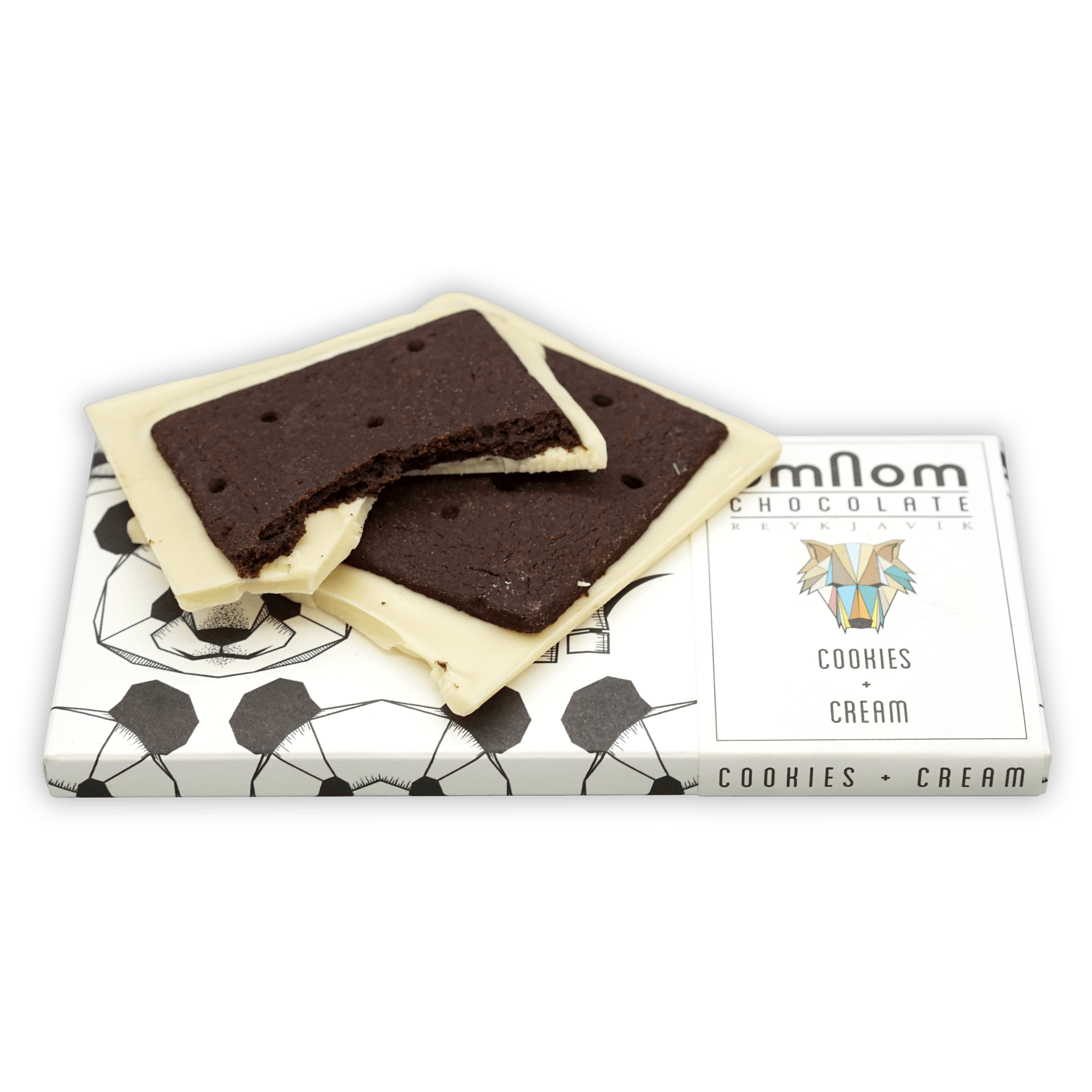 Omnom Cookies + Cream white chocolate bar with dark cookie pieces and fox logo