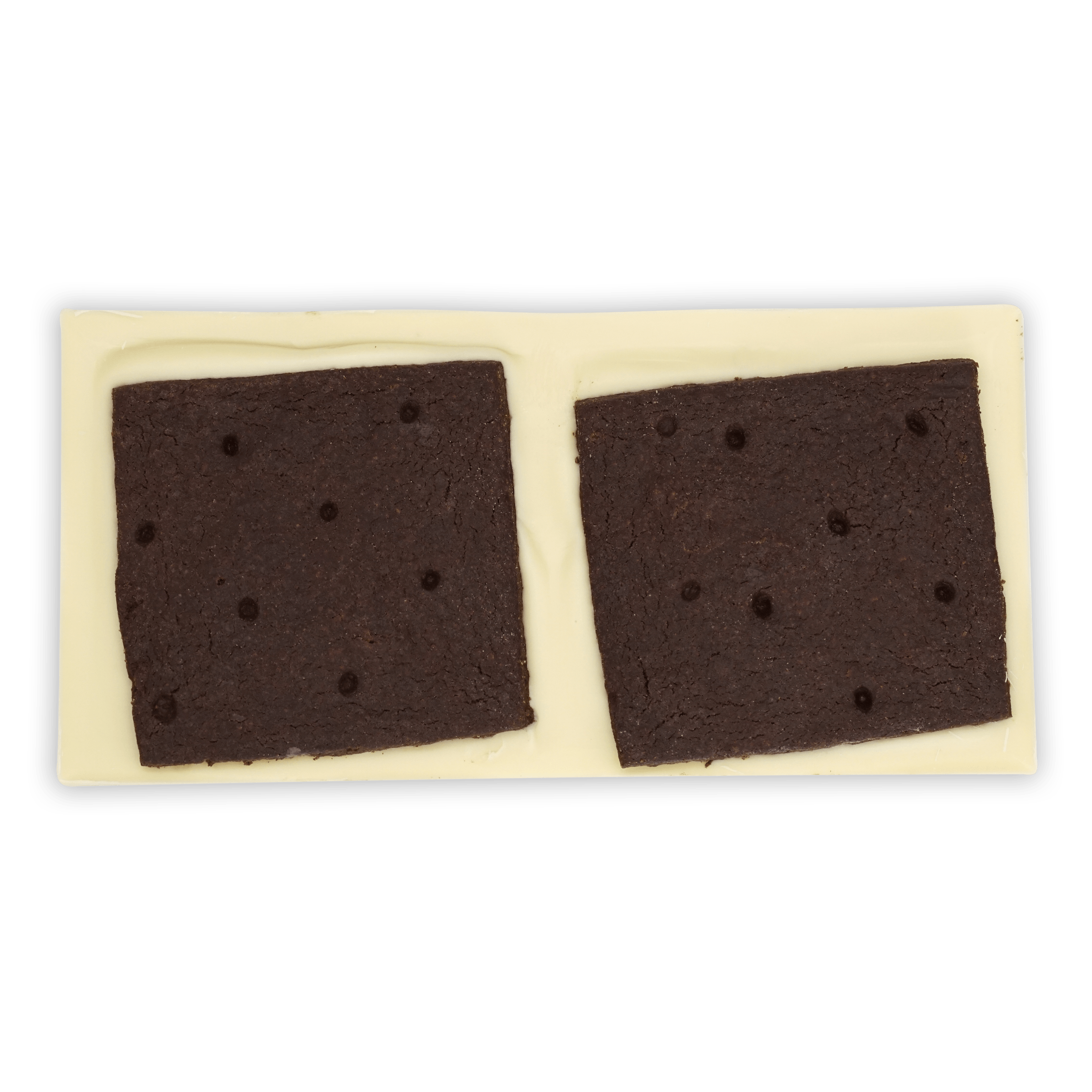 Omnom Cookies + Cream: two dark chocolate cookies with white centers in white tray