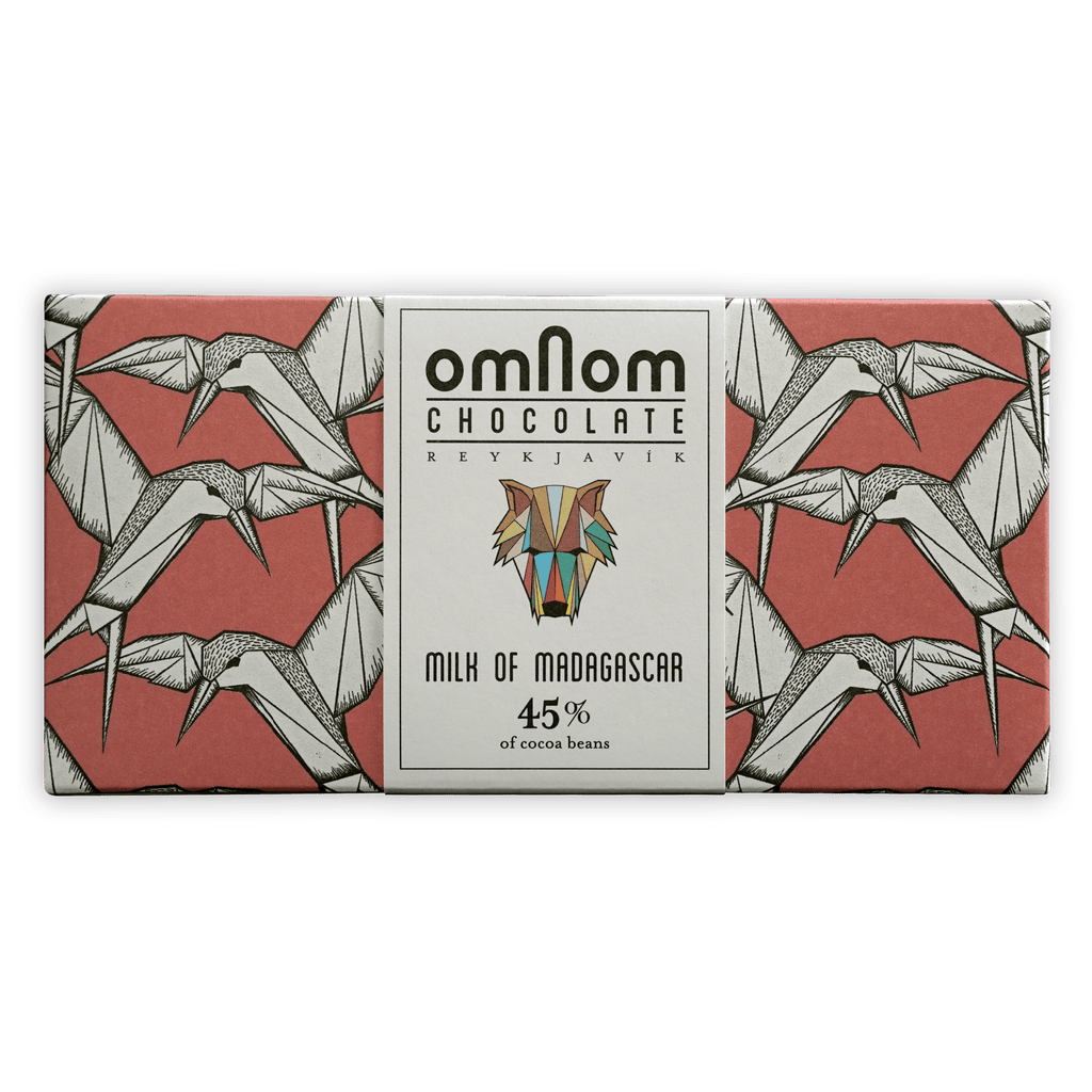 Omnom Milk of Madagascar 45% chocolate bar with red crane wrapper