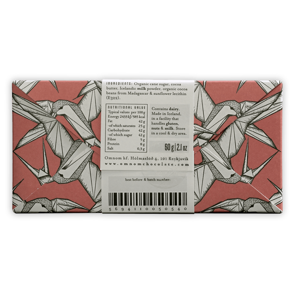 Omnom Milk of Madagascar 45% chocolate bar wrapper with pink background and bird illustrations