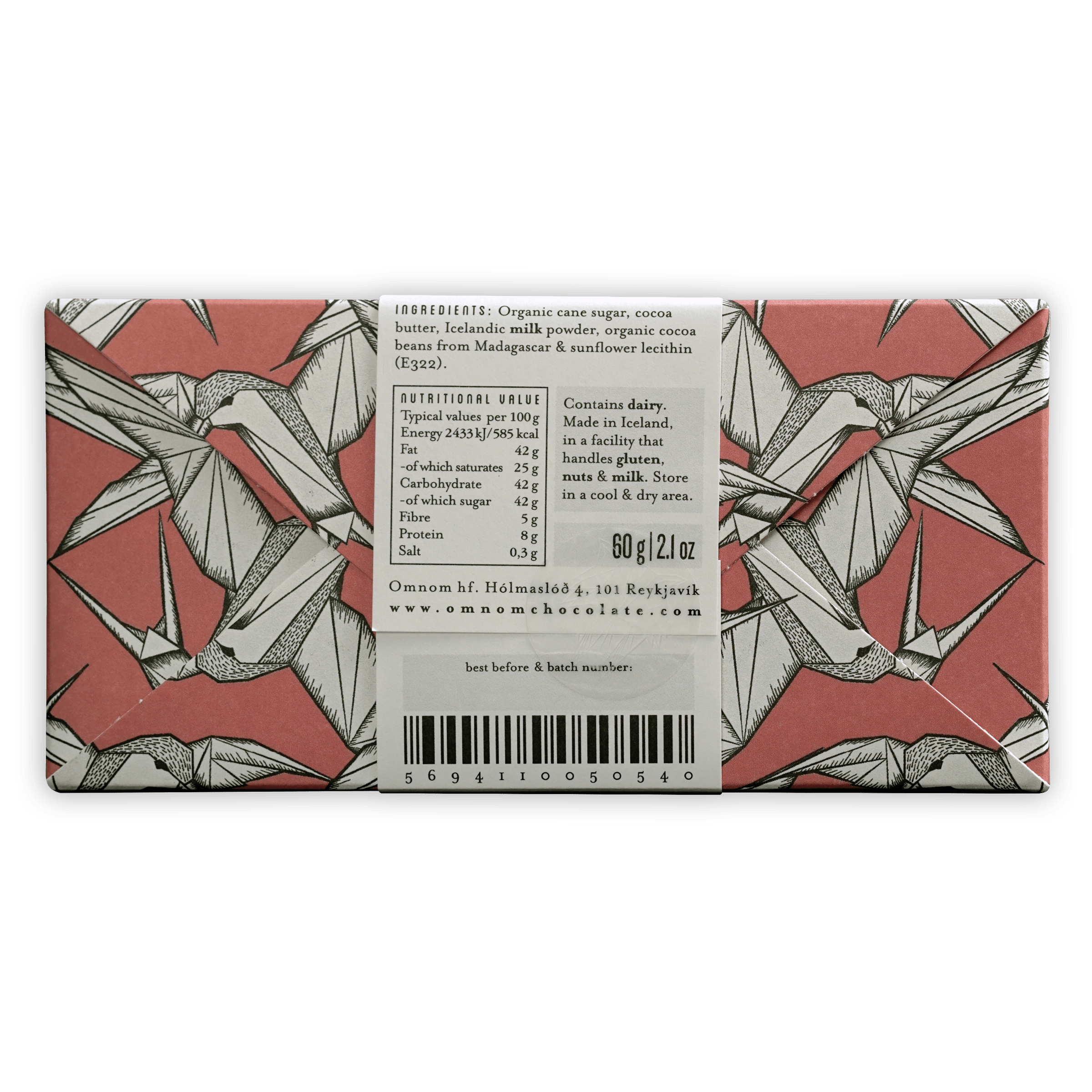 Omnom Milk of Madagascar 45% chocolate bar wrapper with pink background and bird illustrations