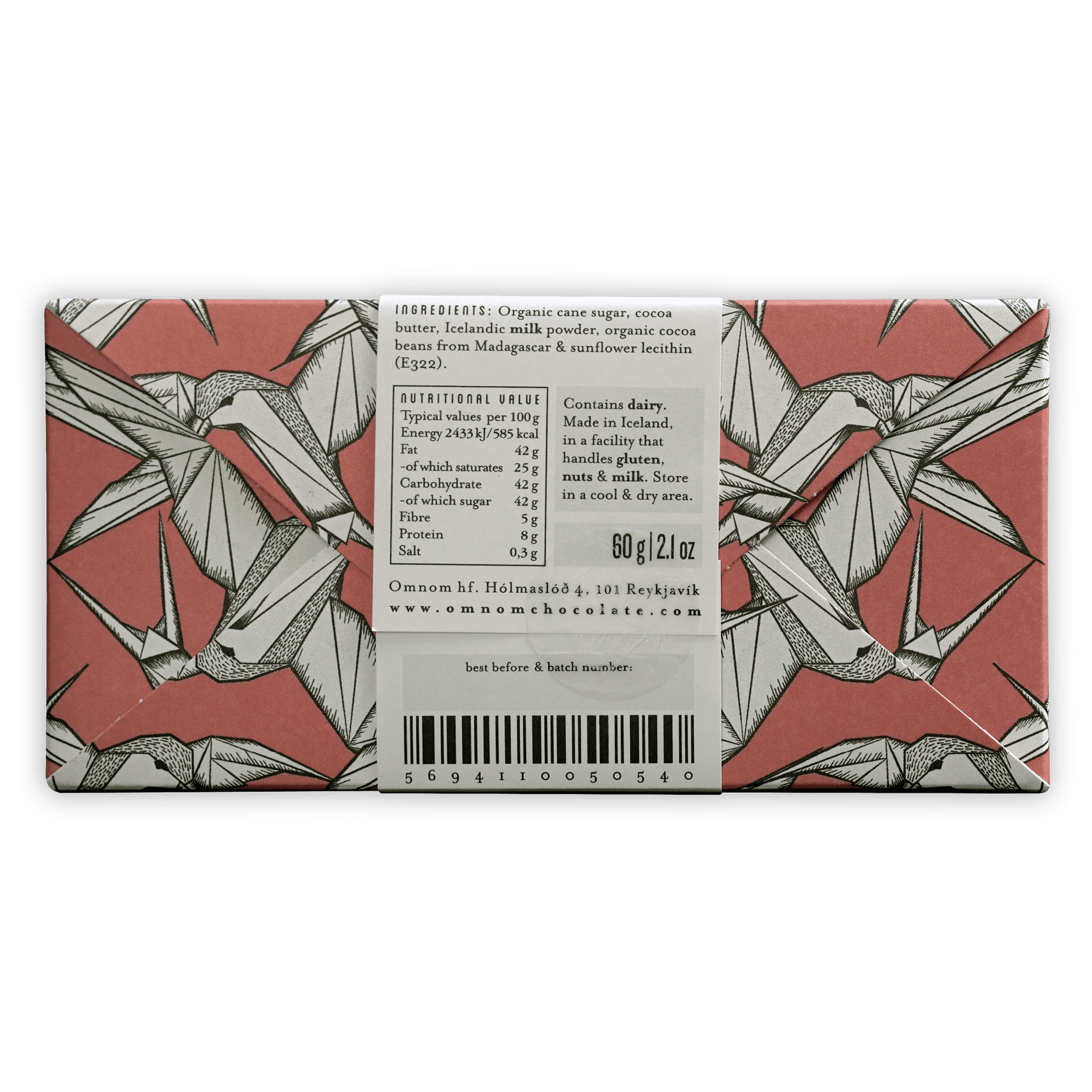 Omnom Milk of Madagascar 45% chocolate bar wrapper with pink background and bird illustrations