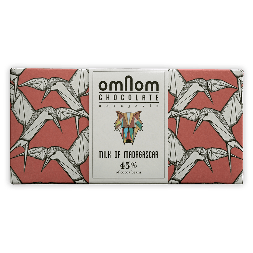 Omnom Milk of Madagascar 45% chocolate bar with red crane wrapper
