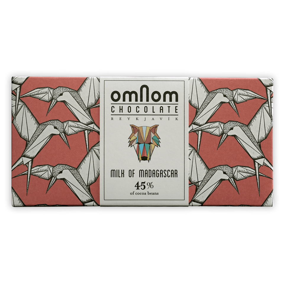 Omnom Milk of Madagascar 45% chocolate bar with red crane wrapper