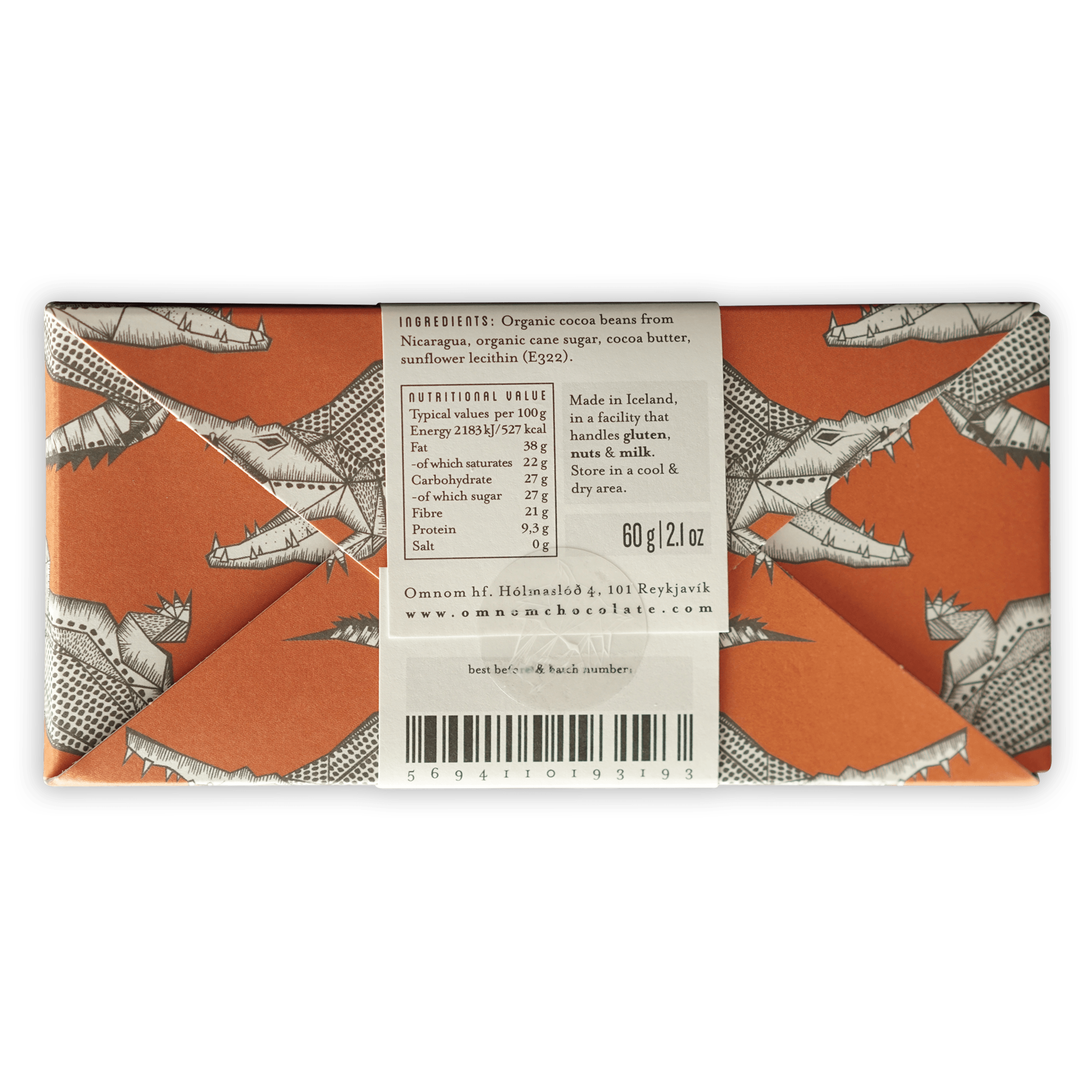 Omnom Nicaragua 73% orange wrapper with black white crocodile illustrations