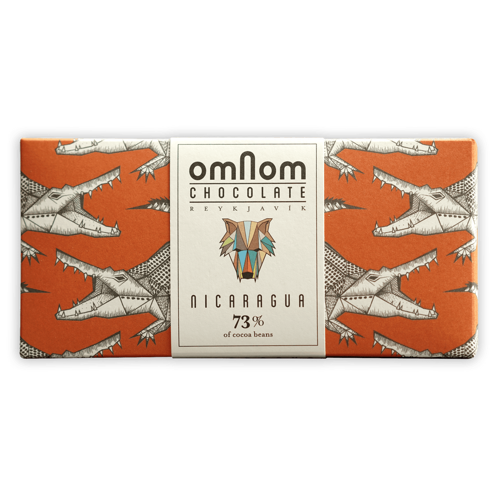 Omnom Nicaragua 73% orange wrapper with crocodile pattern and wolf logo
