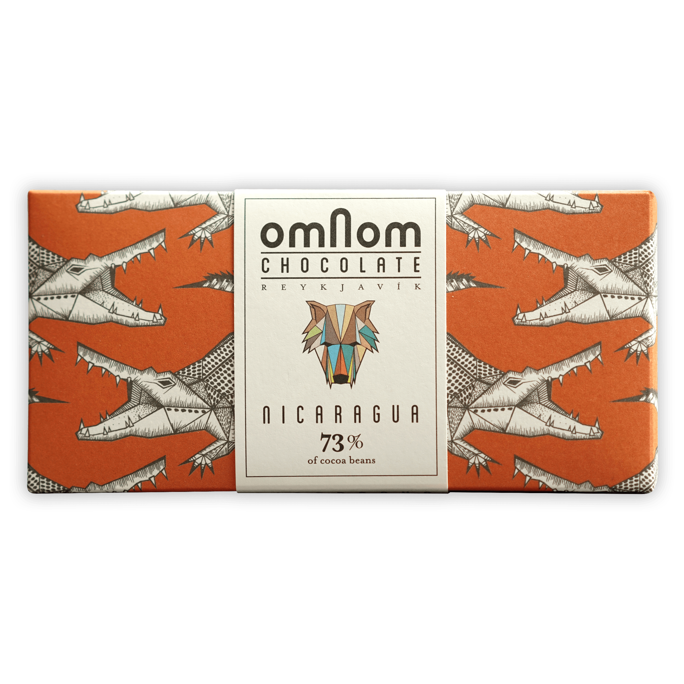 Omnom Nicaragua 73% orange wrapper with crocodile pattern and wolf logo