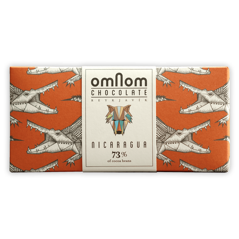 Omnom Nicaragua 73% orange wrapper with crocodile pattern and wolf logo