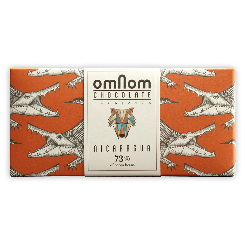 Omnom Nicaragua 73% orange wrapper with crocodile pattern and wolf logo