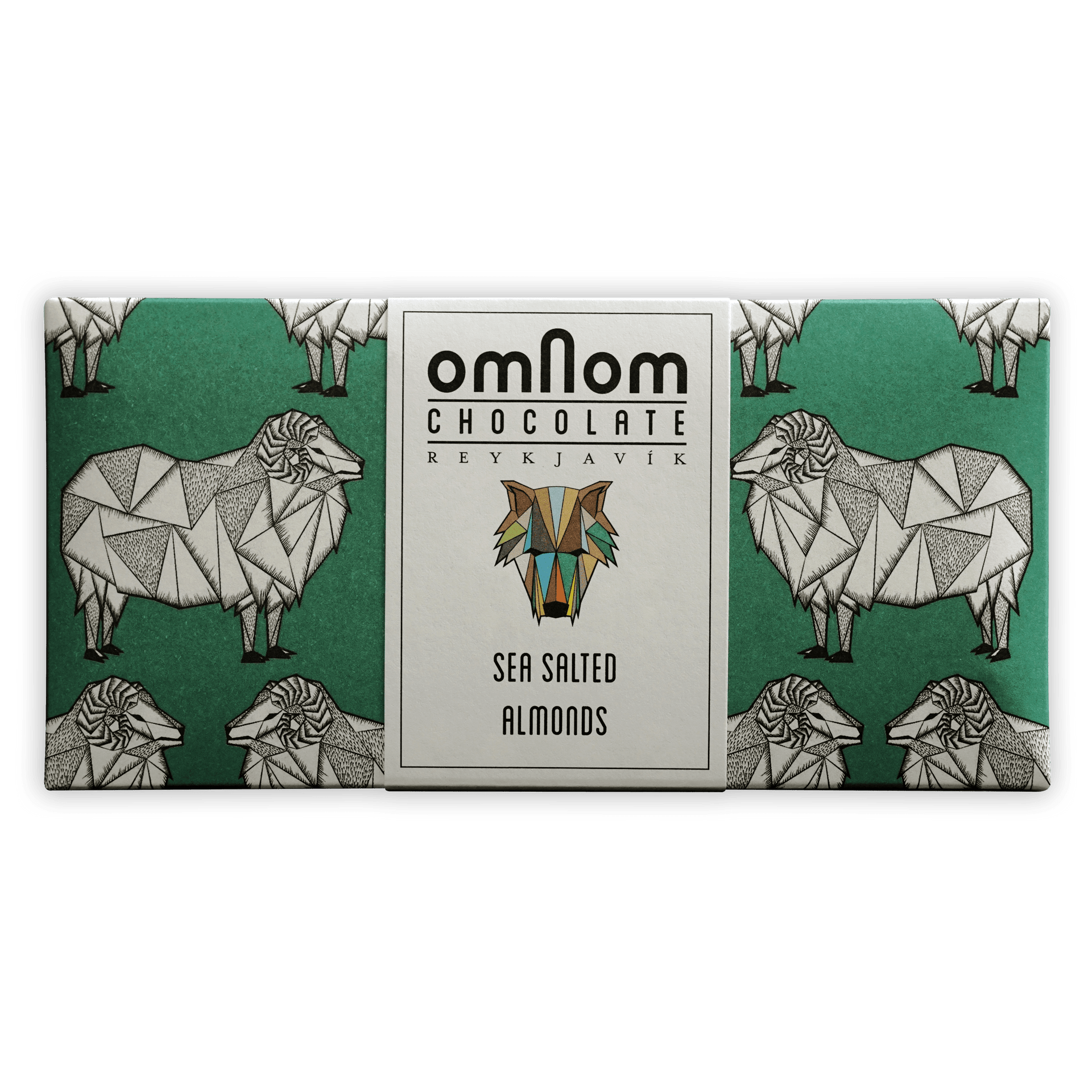 Omnom Sea Salted Almonds + Milk 45% chocolate bar wrapper with sheep and wolf logo