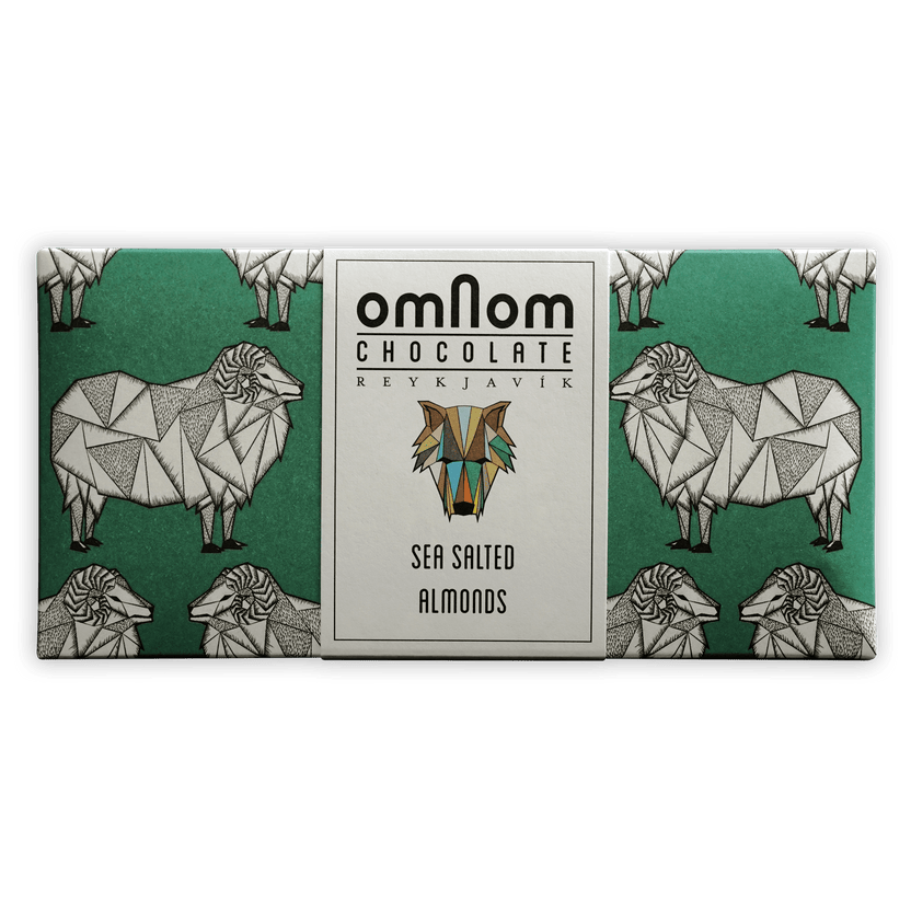 Omnom Sea Salted Almonds + Milk 45% chocolate bar wrapper with sheep and wolf logo