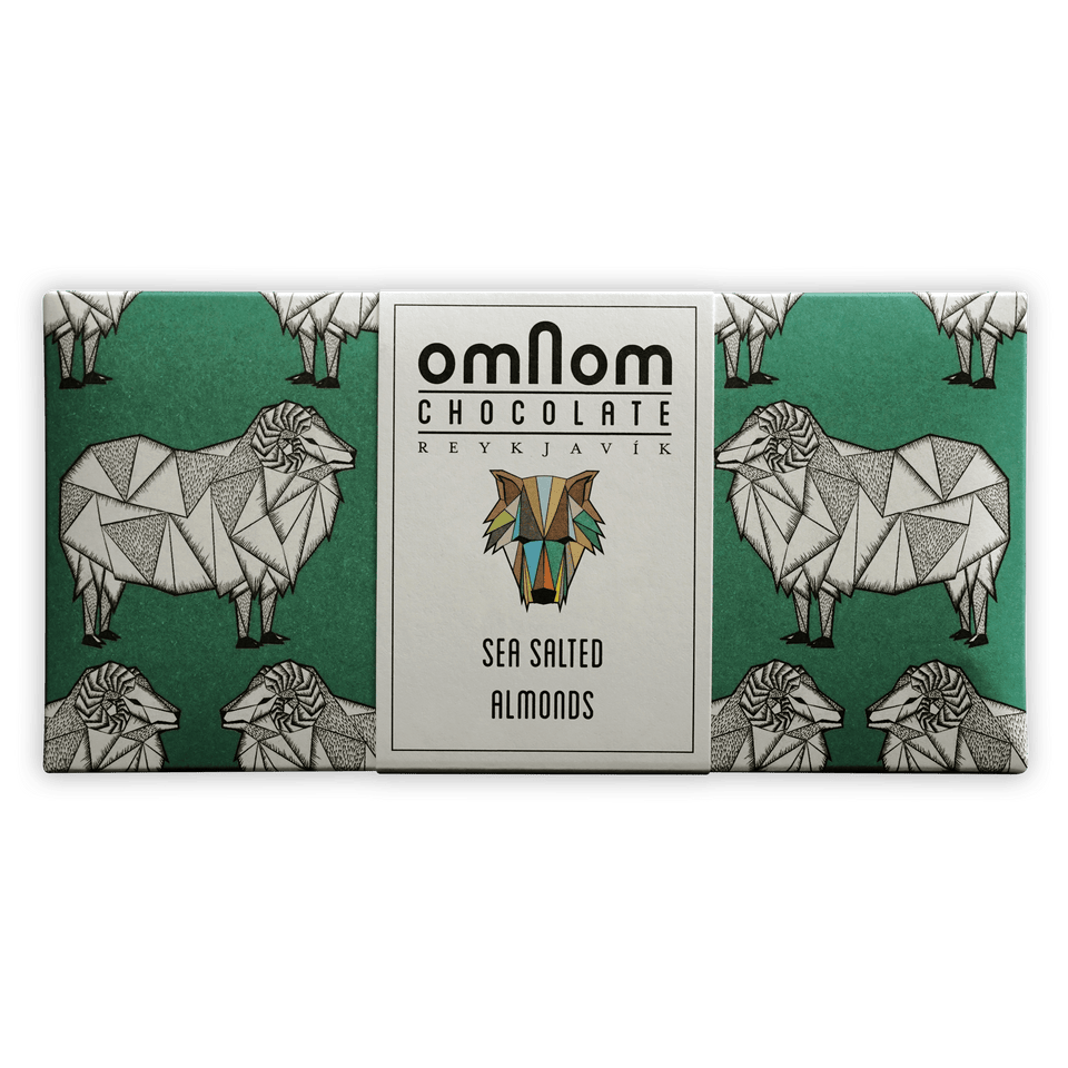 Omnom Sea Salted Almonds + Milk 45% chocolate bar wrapper with sheep and wolf logo
