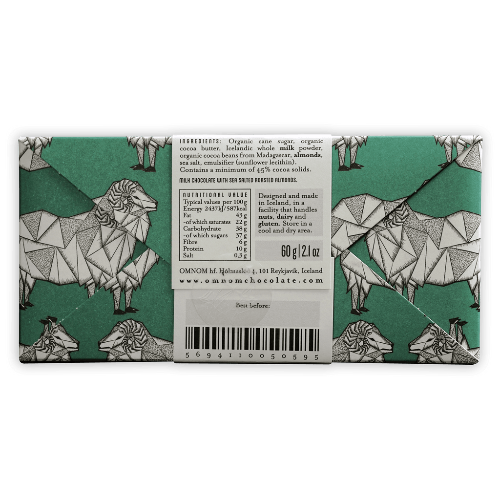 Omnom Sea Salted Almonds + Milk 45% teal white geometric sheep wrapper