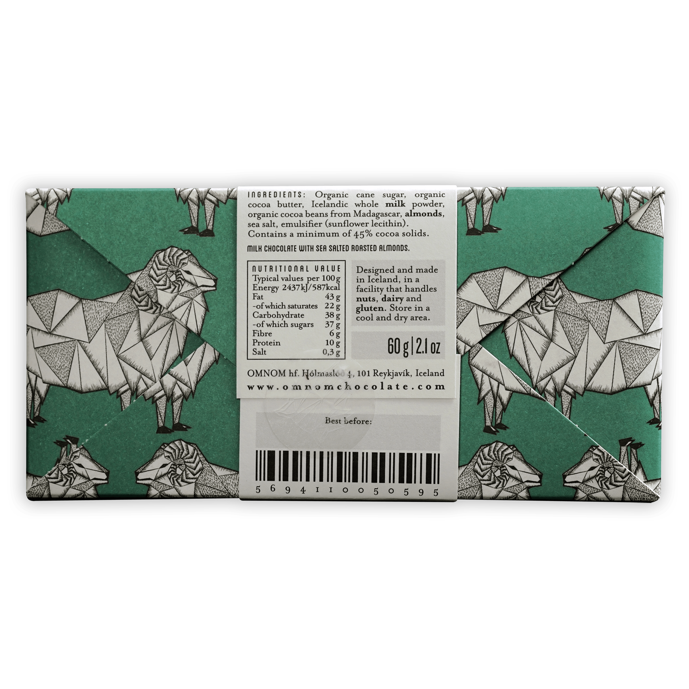 Omnom Sea Salted Almonds + Milk 45% teal white geometric sheep wrapper