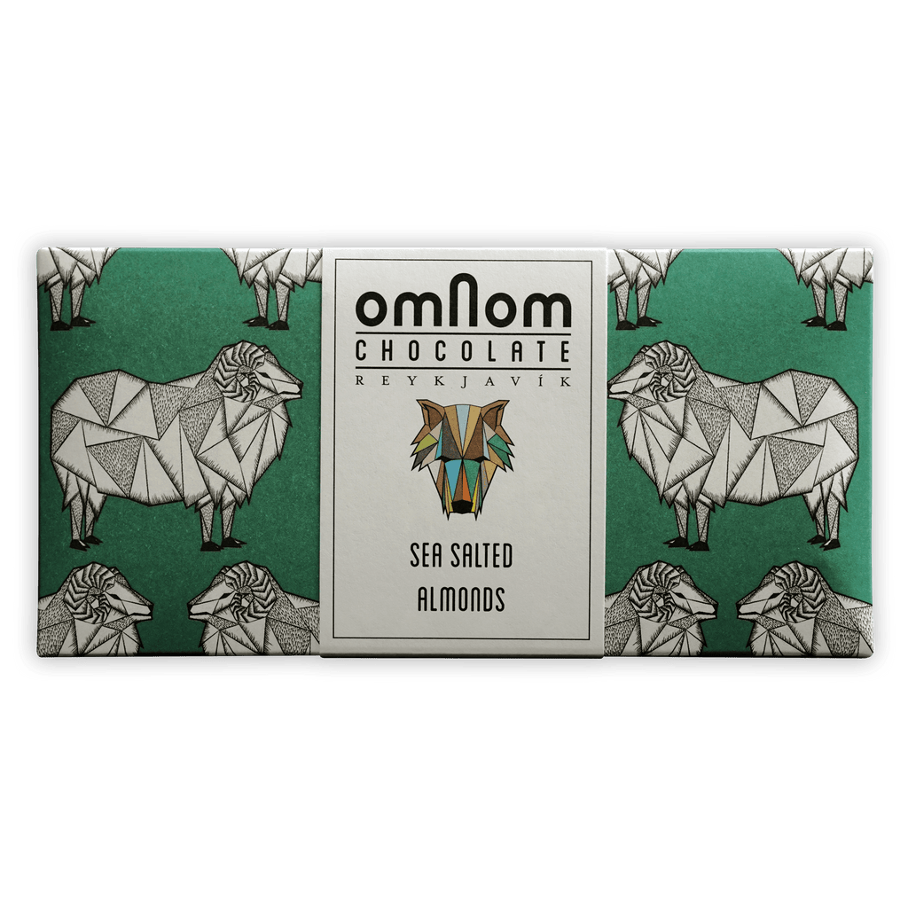 Omnom Sea Salted Almonds + Milk 45% chocolate bar wrapper with sheep and wolf logo