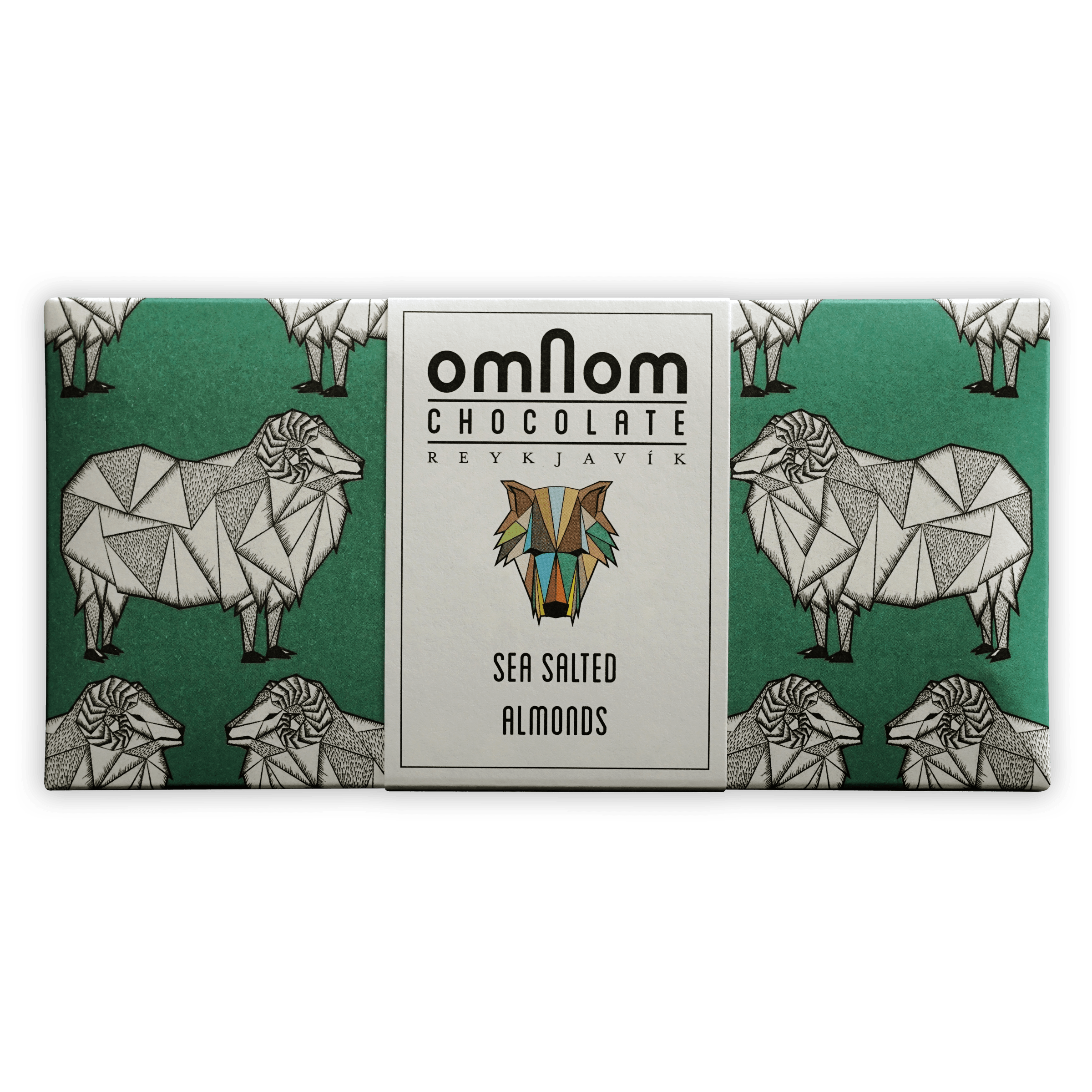 Omnom Sea Salted Almonds + Milk 45% chocolate bar wrapper with sheep and wolf logo