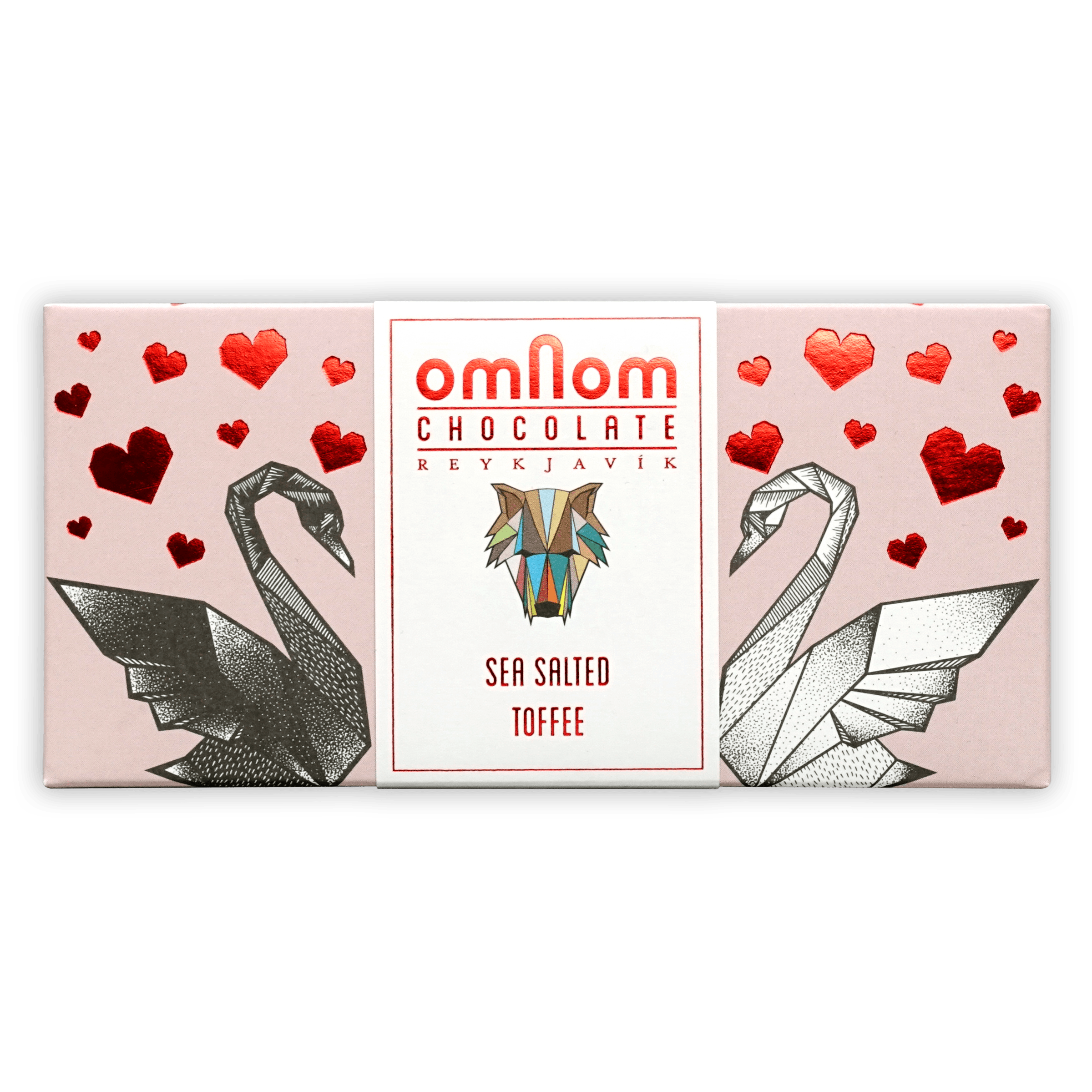 Omnom Sea Salted Toffee 40% bar with origami swans and hearts