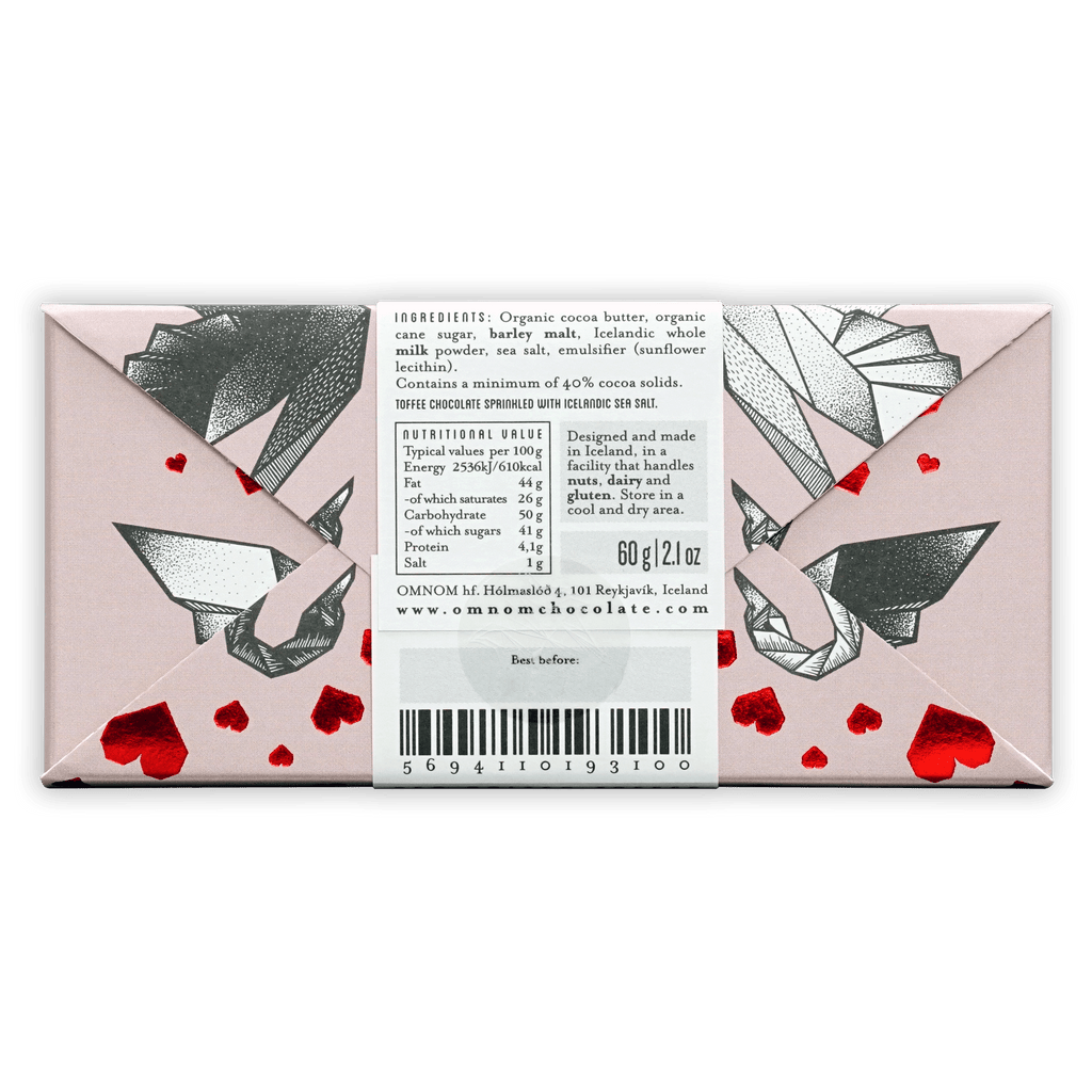 Omnom Sea Salted Toffee 40% Limited pink silver foil bar with hearts