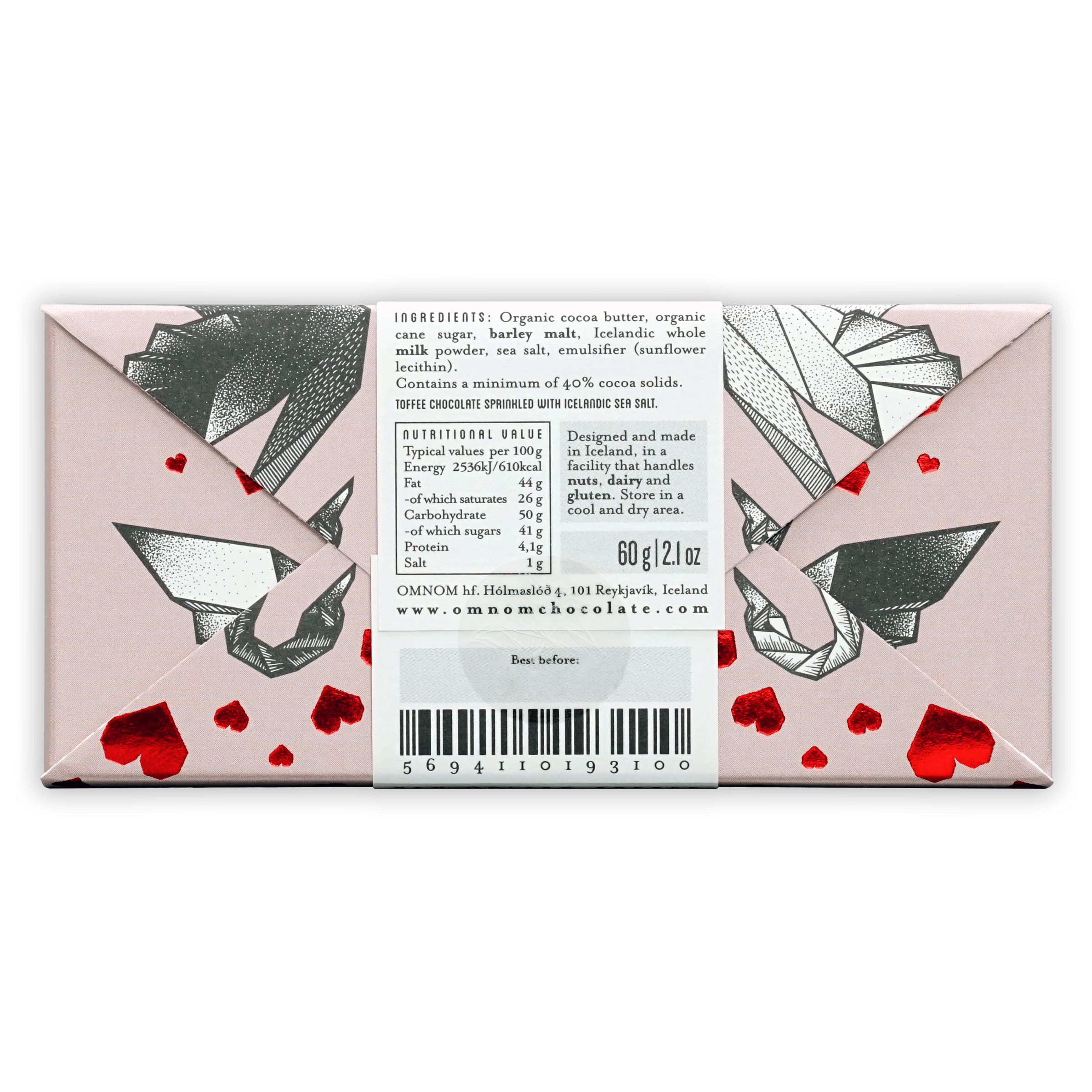 Omnom Sea Salted Toffee 40% Limited pink silver foil bar with hearts