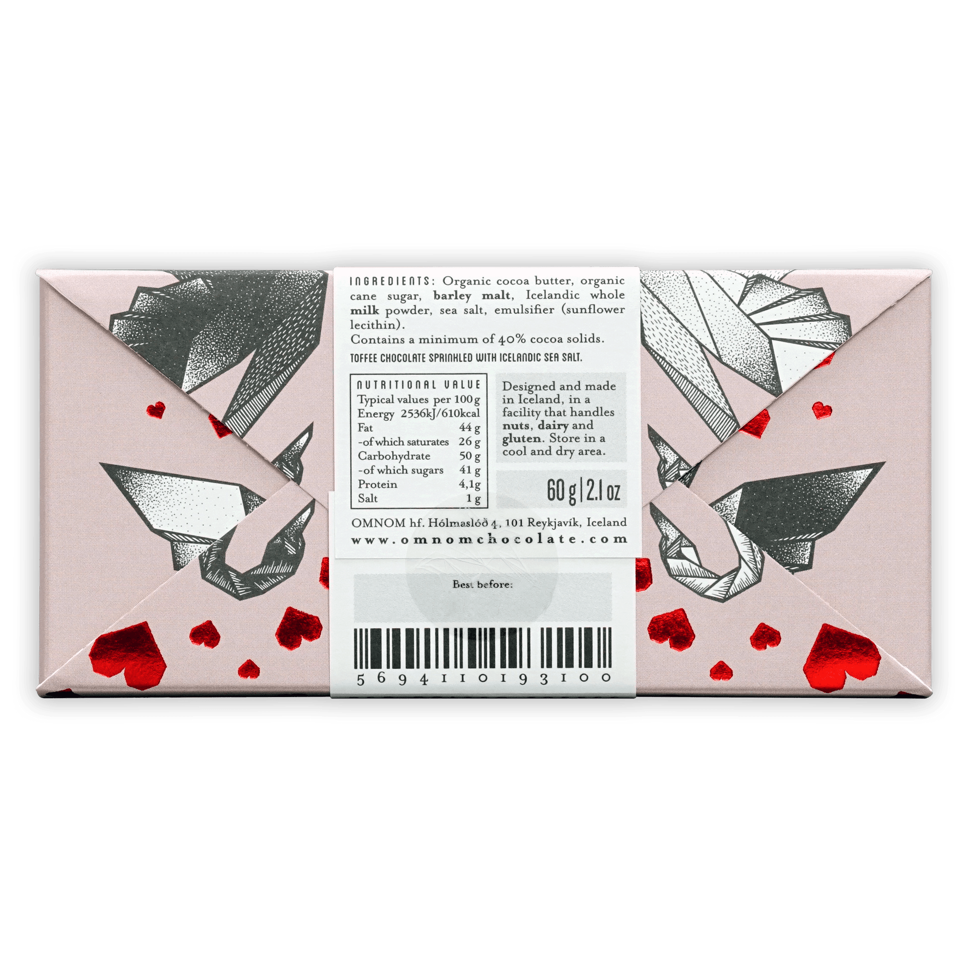Omnom Sea Salted Toffee 40% Limited pink silver foil bar with hearts